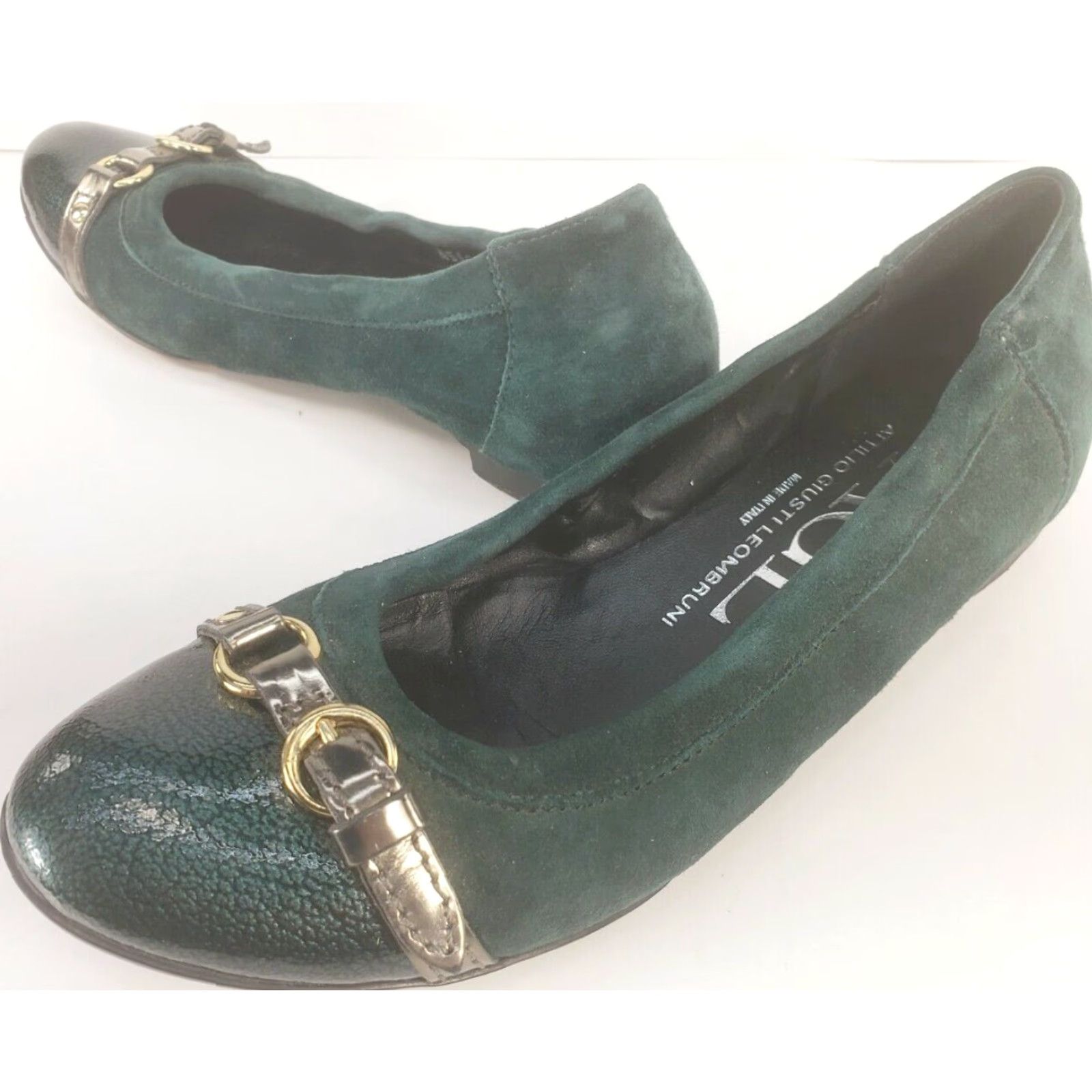 AGL AGL Green Suede Leather Cap Toe Flats Women's 6.5M 37.5EU Casual Formal Slip On Cap Toe Buckle Leather Lining Size ONE SIZE - 2 Thumbnail