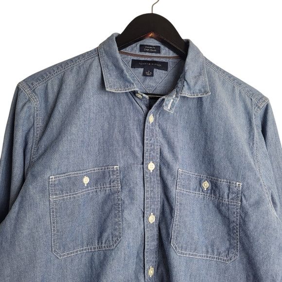Tommy Hilfiger Vintage Tommy Hilfiger Blue Collared Button Down Denim Shirt Size US M / EU 48-50 / 2 - 2 Thumbnail