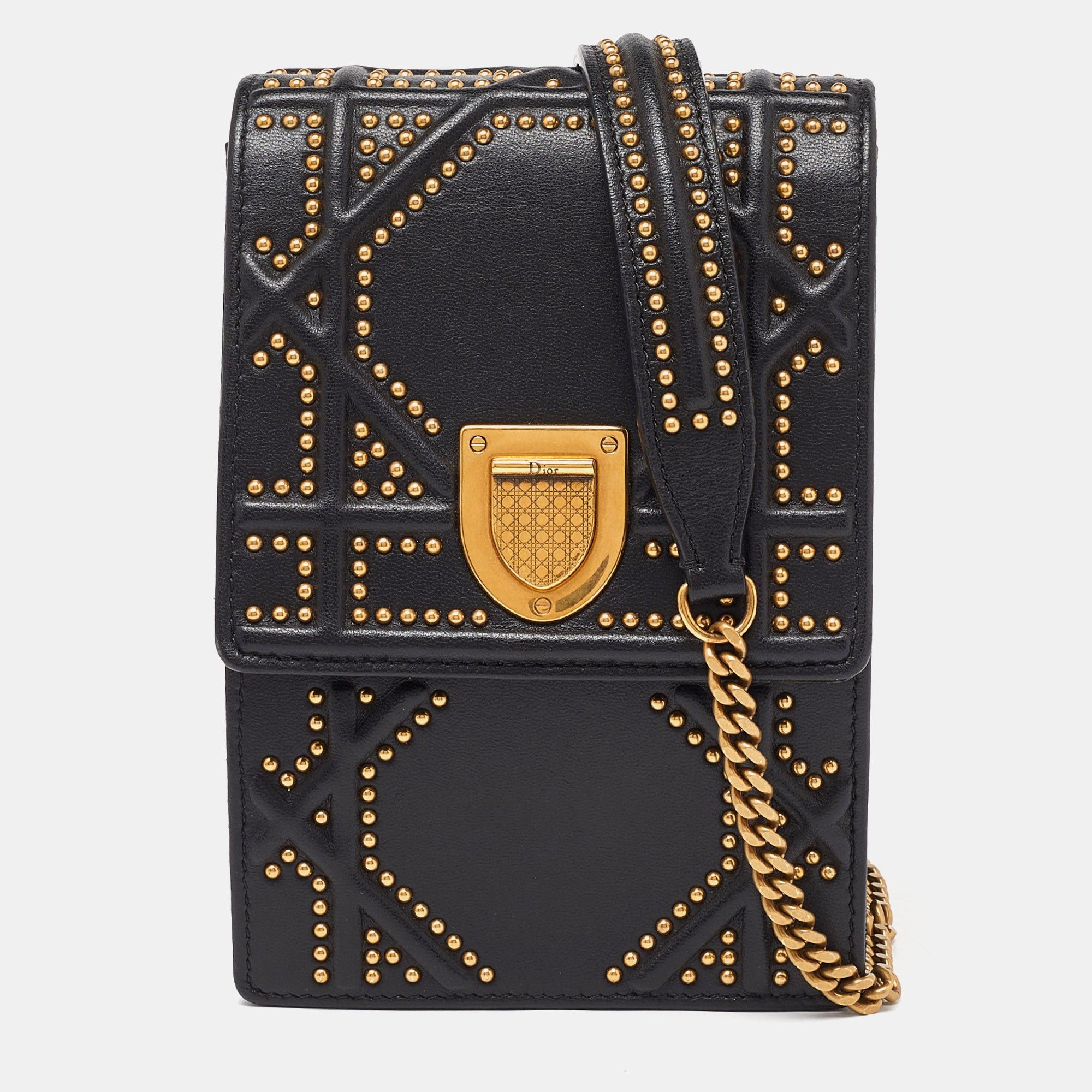 image of Dior Black Leather Studded Ama Vertical Chain Pouch, Women's