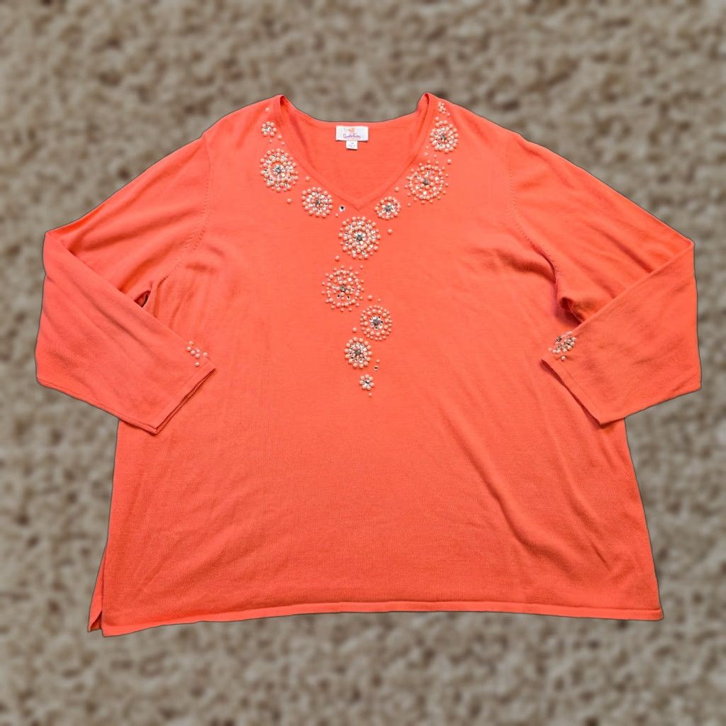 Quacker Factory Quacker Factory Sweater Women Size 3X Orange Beaded Rhinestones Pearl Knit V-Neck Pullover Casual Knitwear Size XXL / US 16-18 / IT 52-54 - 1 Thumbnail