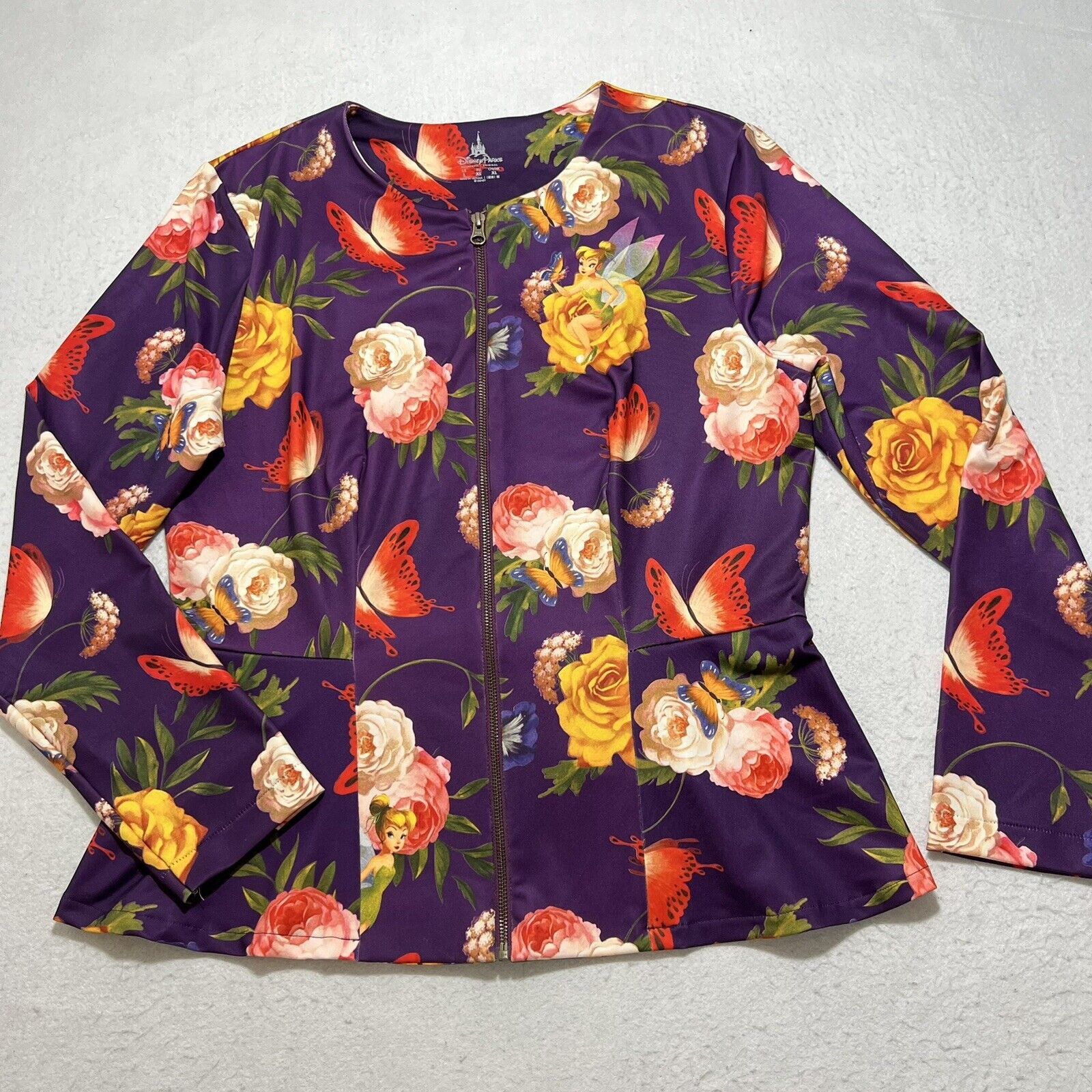 Disney Disney Parks Floral Peter Pan Tinkerbell Zip Peplum Jacket Size L / US 10 / IT 46 - 1 Thumbnail