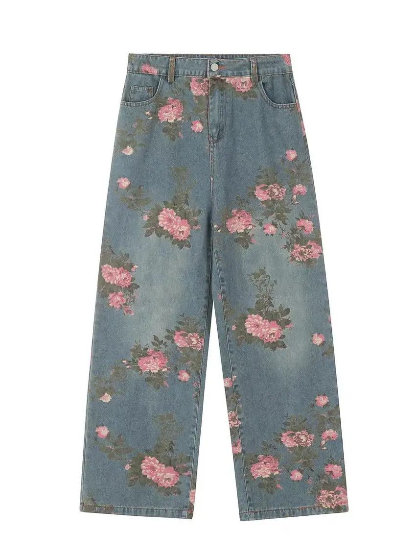Designer × Japanese Brand Washed and aged full print straight leg baggy jeans Size US 33 - 4 Thumbnail