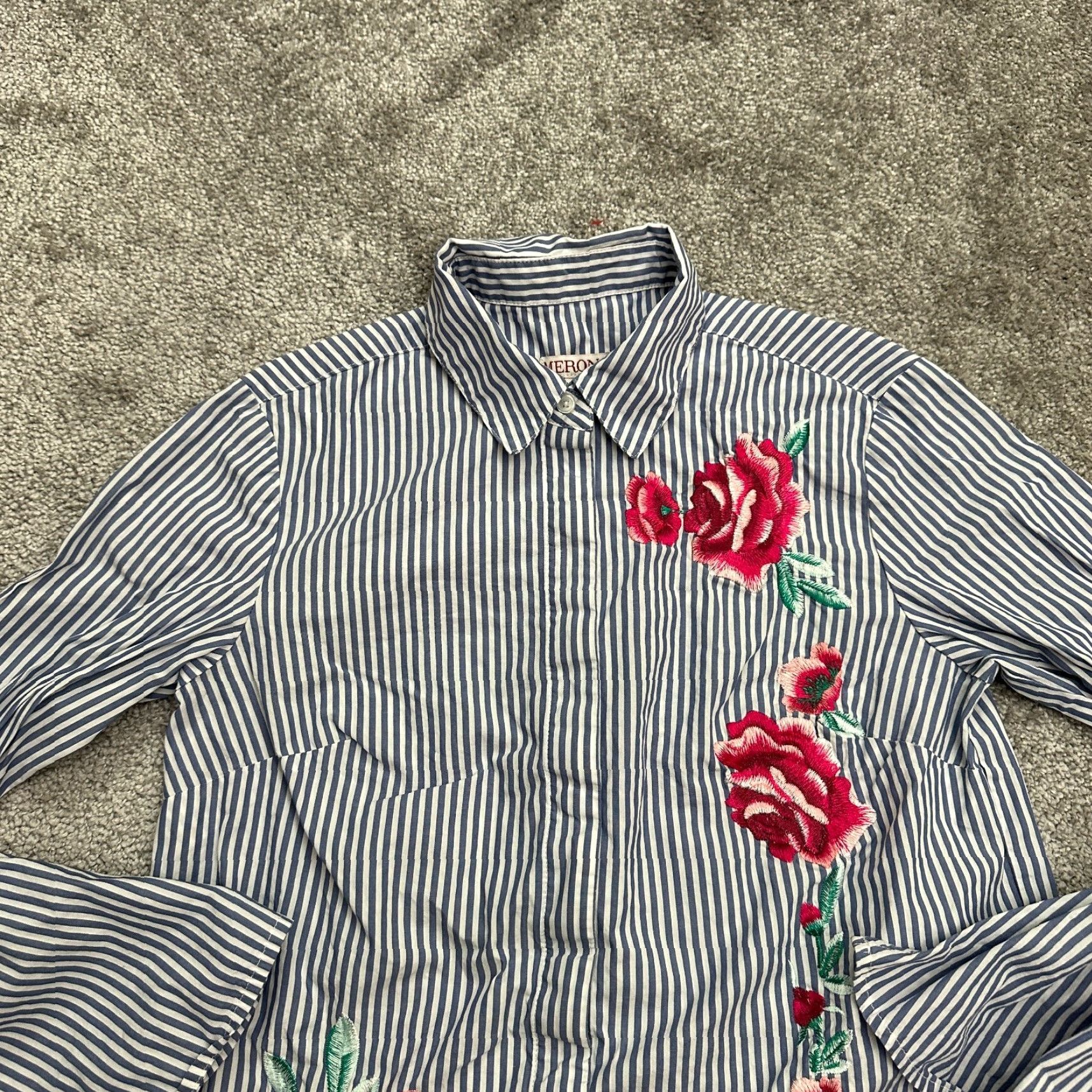 Merona Merona Shirt Womens XS Blue Striped Embroidered Bell Sleeve Button-Up Size XS / US 0-2 / IT 36-38 - 3 Thumbnail