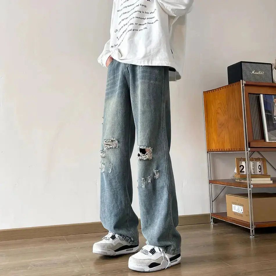 Japanese Brand Loose straight leg wide leg ripped jeans Size US 30 / EU 46 - 1 Thumbnail