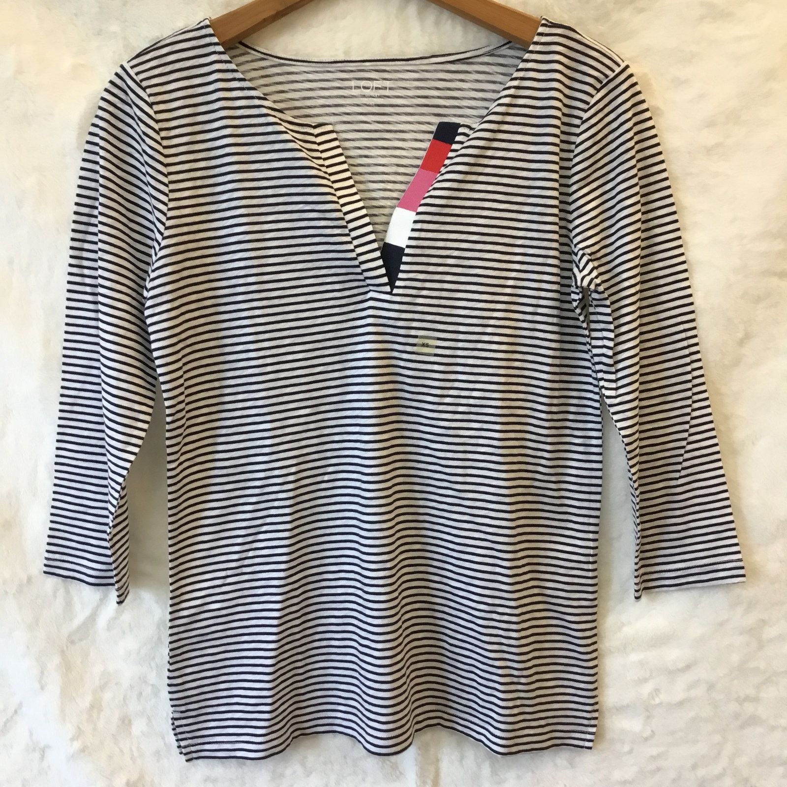 Loft LOFT Blue Striped Floral Split Neck Tee Size XS / US 0-2 / IT 36-38 - 1 Thumbnail