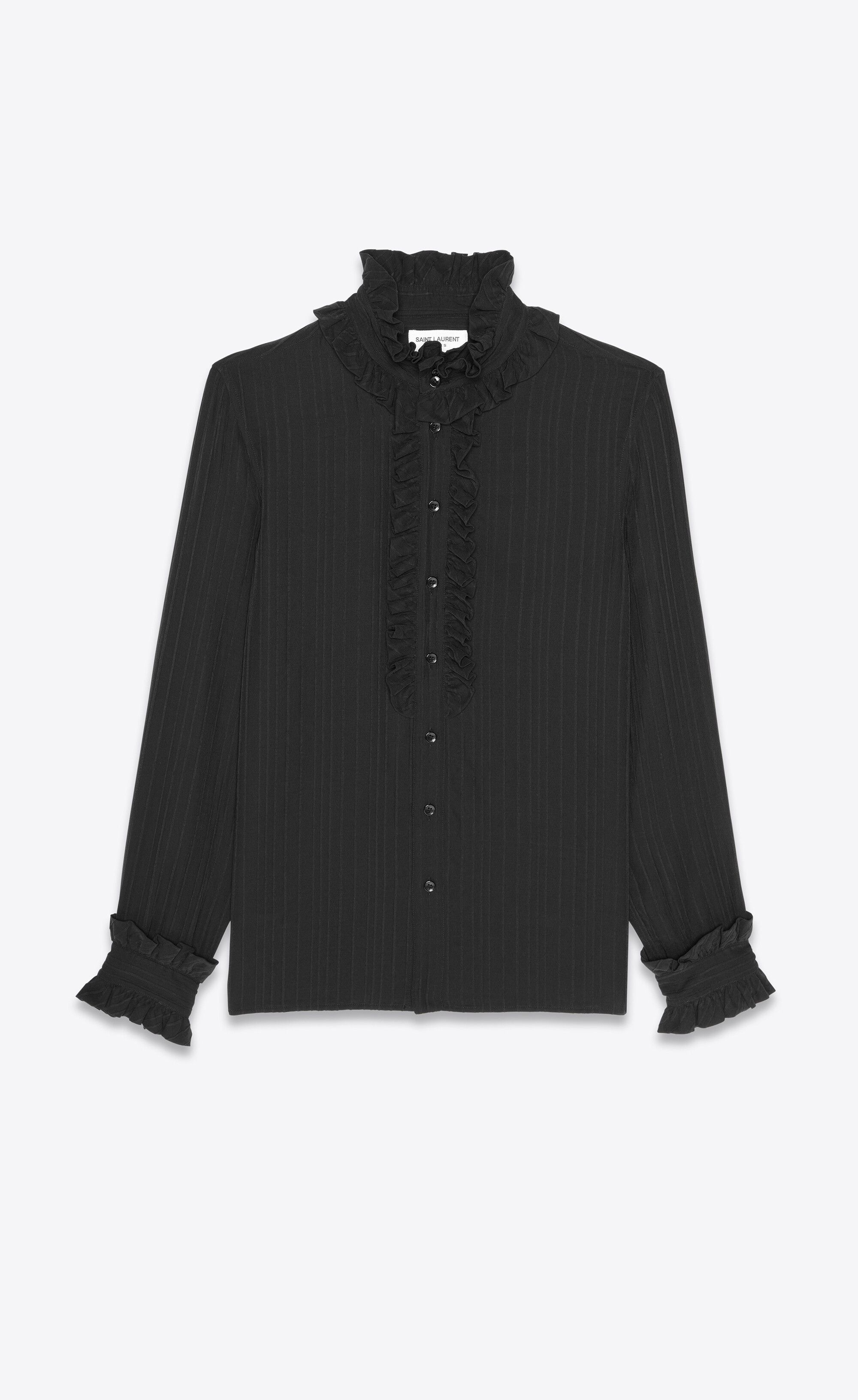 Saint Laurent Paris o1s1wg111224 Victorian Frilled Shirt In Pleated Silk Black Size US L / EU 52-54 / 3 - 1 Thumbnail
