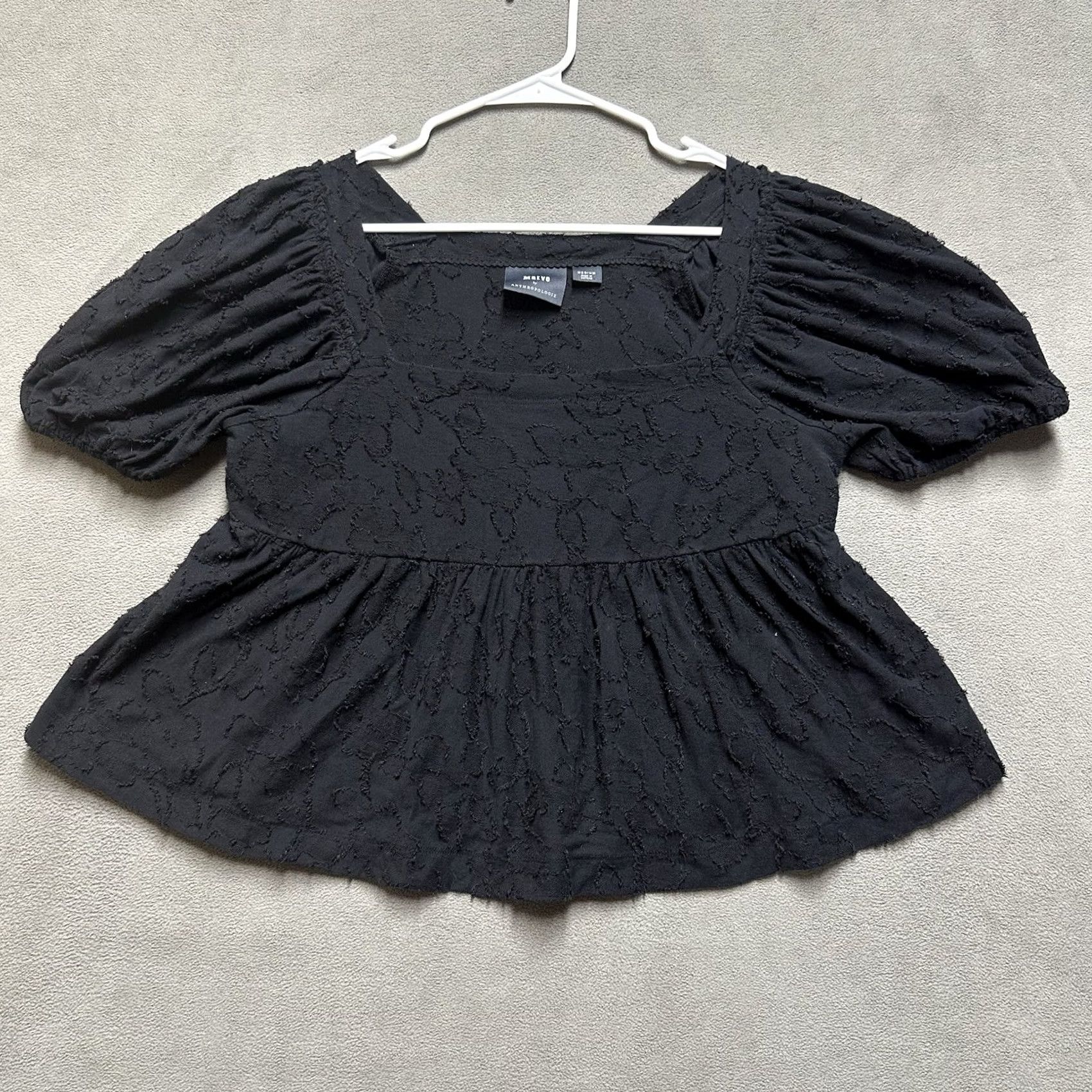 Vintage Maeve Anthropologie Blouse Top Womens M Black Textured Puff Sleeve Square Neck Size M / US 6-8 / IT 42-44 - 2 Thumbnail