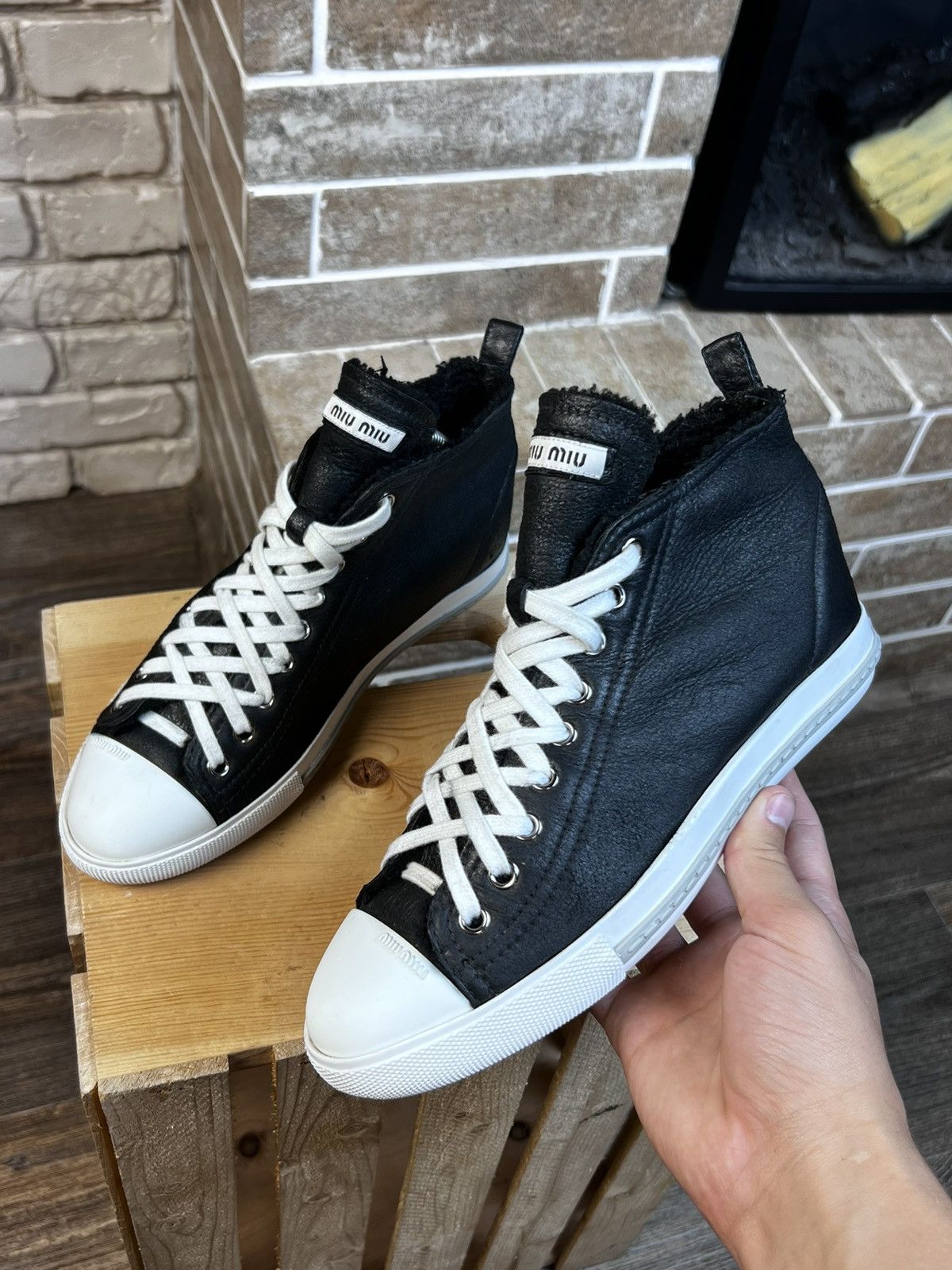 Miu Miu Miu Miu Shearling Suede High Top Black Shoes Size US 7.5 / IT 37.5 - 1 Thumbnail