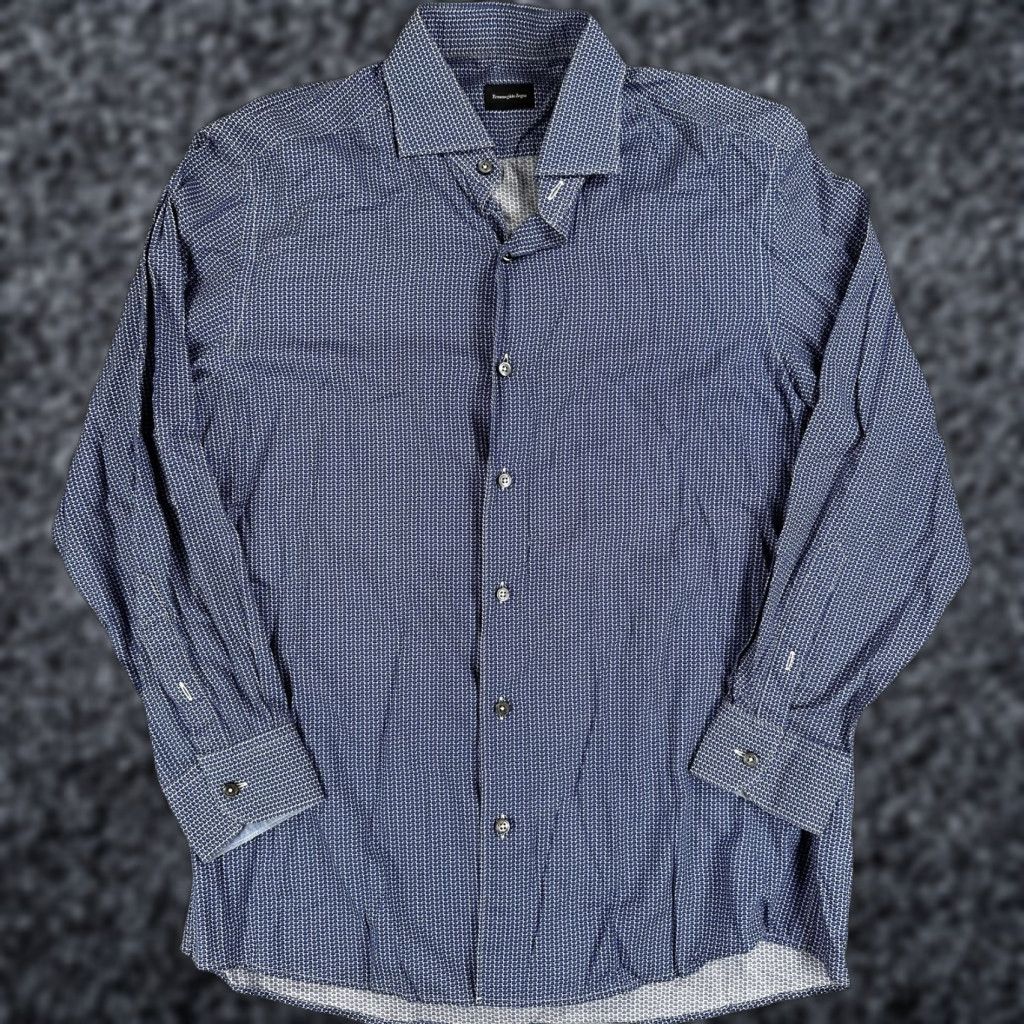 Ermenegildo Zegna Ermenegildo Zegna Dress Shirt Mens L Blue Geometric Spread Collar Long Sleeve Size 42R - 1 Thumbnail