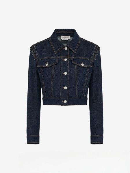 Alexander McQueen o1srvl11e0226 Lace Detail Cropped Denim Jacket In Blue Size XL / US 12-14 / IT 48-50 - 1 Thumbnail