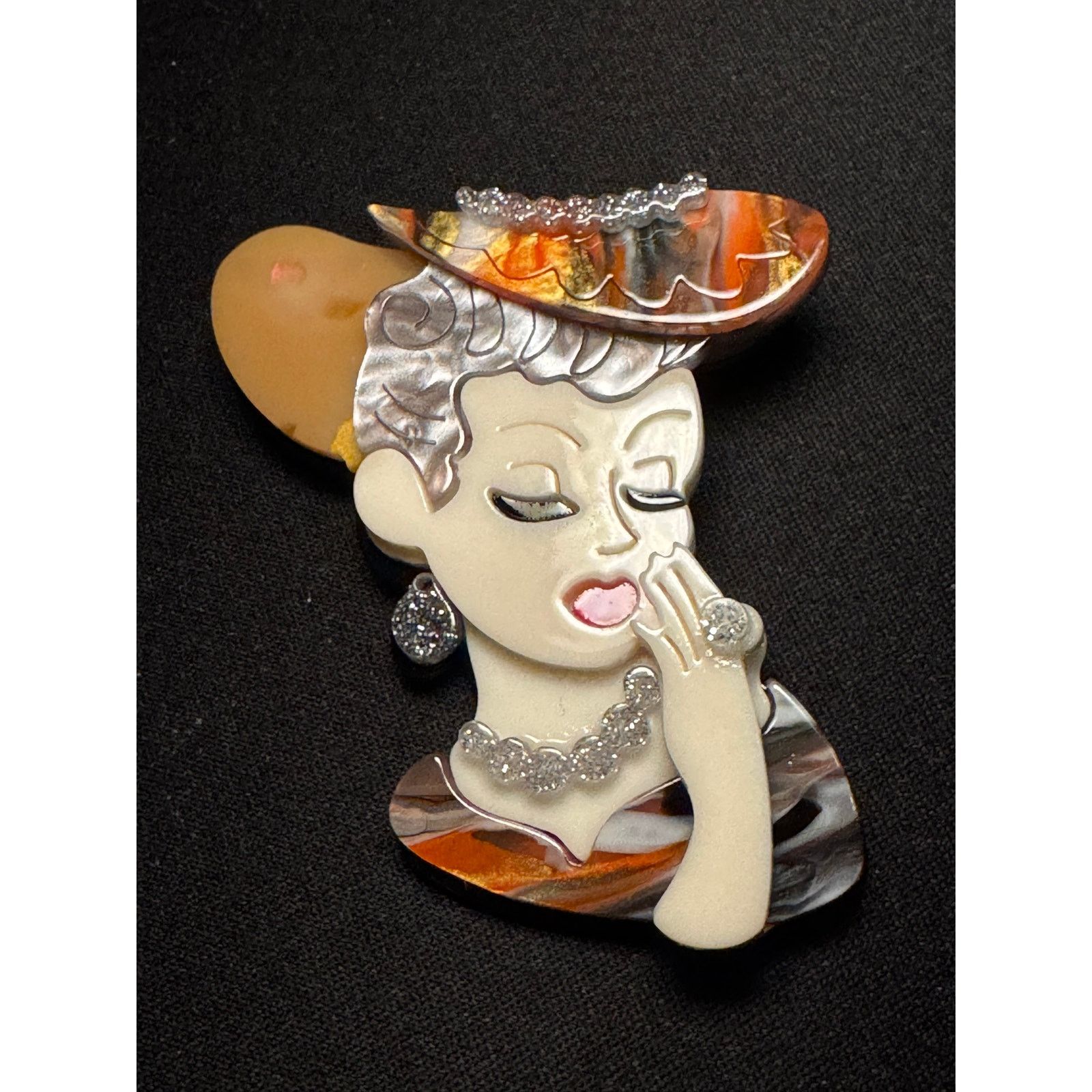 Other Acrylic 3D Lady Brooch Patterned Hat & Glitter Details Size ONE SIZE - 2 Thumbnail