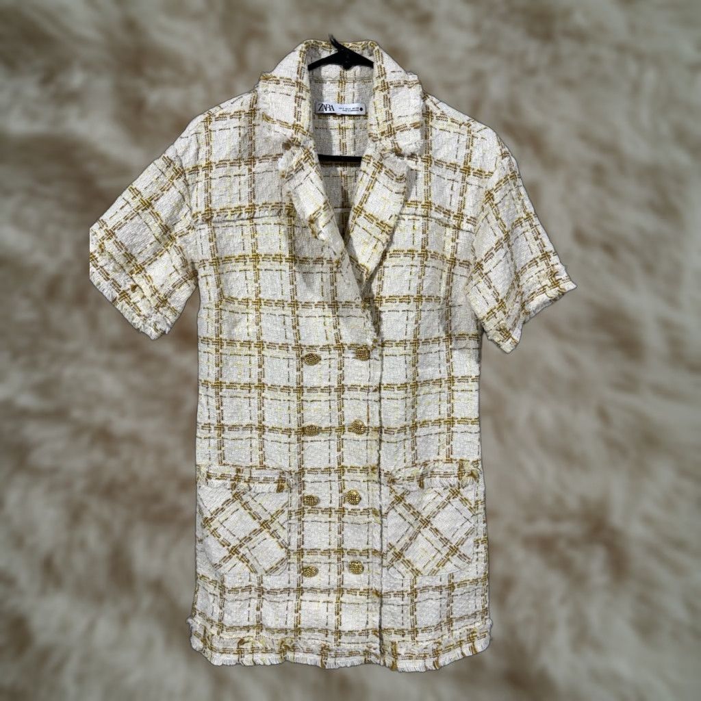 Zara Zara Tweed Blazer Dress Women's S Yellow Short Sleeve V-Neck Button 90s Vintage-Style Mini Dress Tweed Pattern Size S / US 4 / IT 40 - 1 Thumbnail