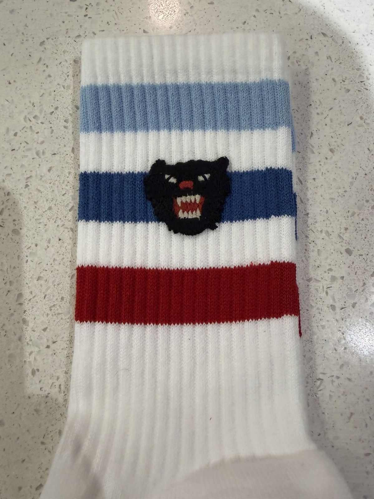 Gucci Gucci Socks Panther Logo White Blue Striped Size ONE SIZE - 5 Thumbnail