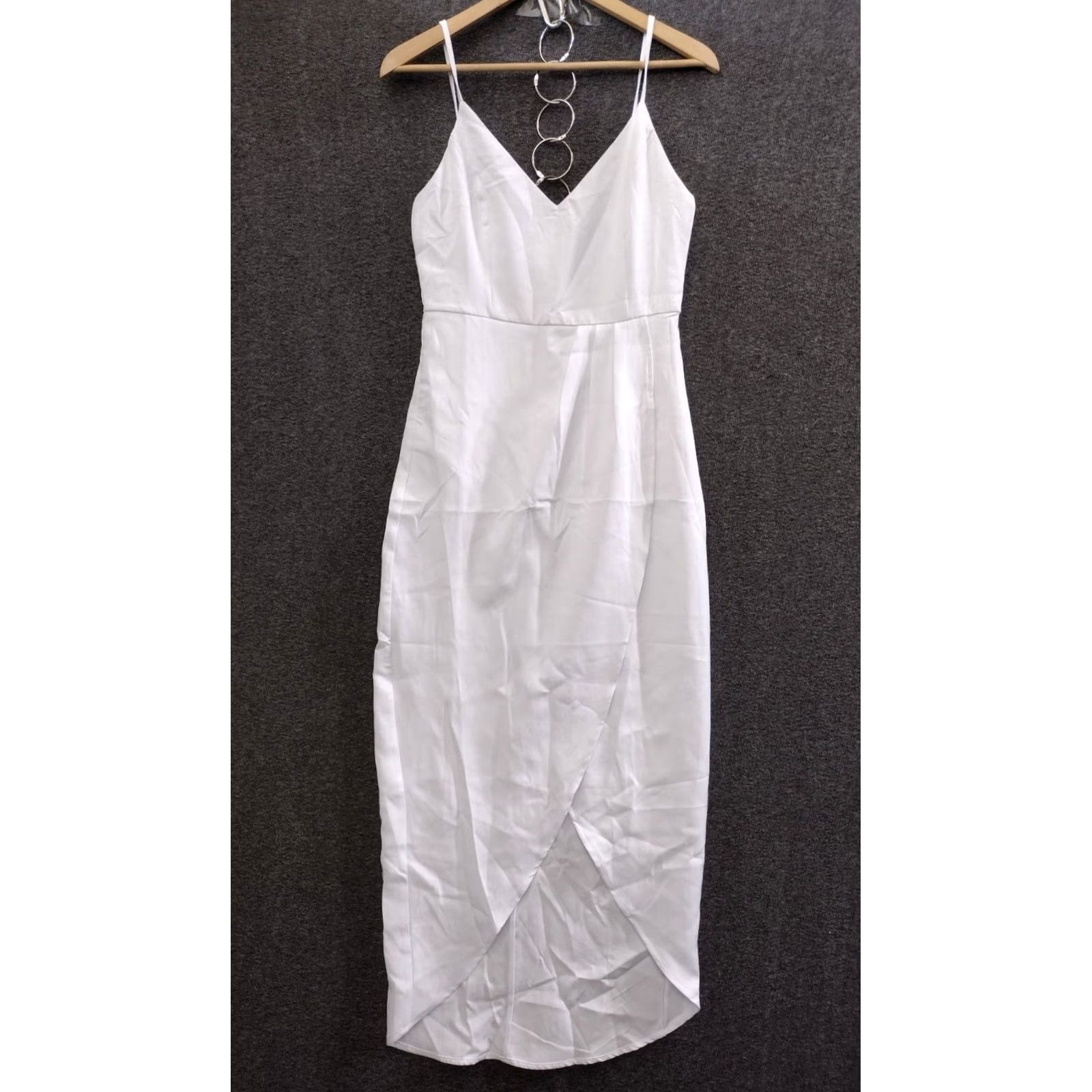 Vintage Aigeman Women's V-Neck White Midi Dress XS Sleeveless Spaghetti Straps High Slit Mini? (note: original says Midi so not Mini) Size XS / US 0-2 / IT 36-38 - 2 Thumbnail