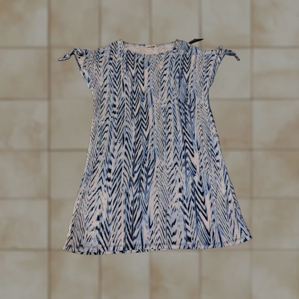 Calvin Klein Calvin Klein Dress Womens Small Blue White Ikat Print Stretch Shift Tie Shoulder Crew Neck Cap Sleeve Pullover Casual Travel Short Size S / US 4 / IT 40 - 1 Thumbnail
