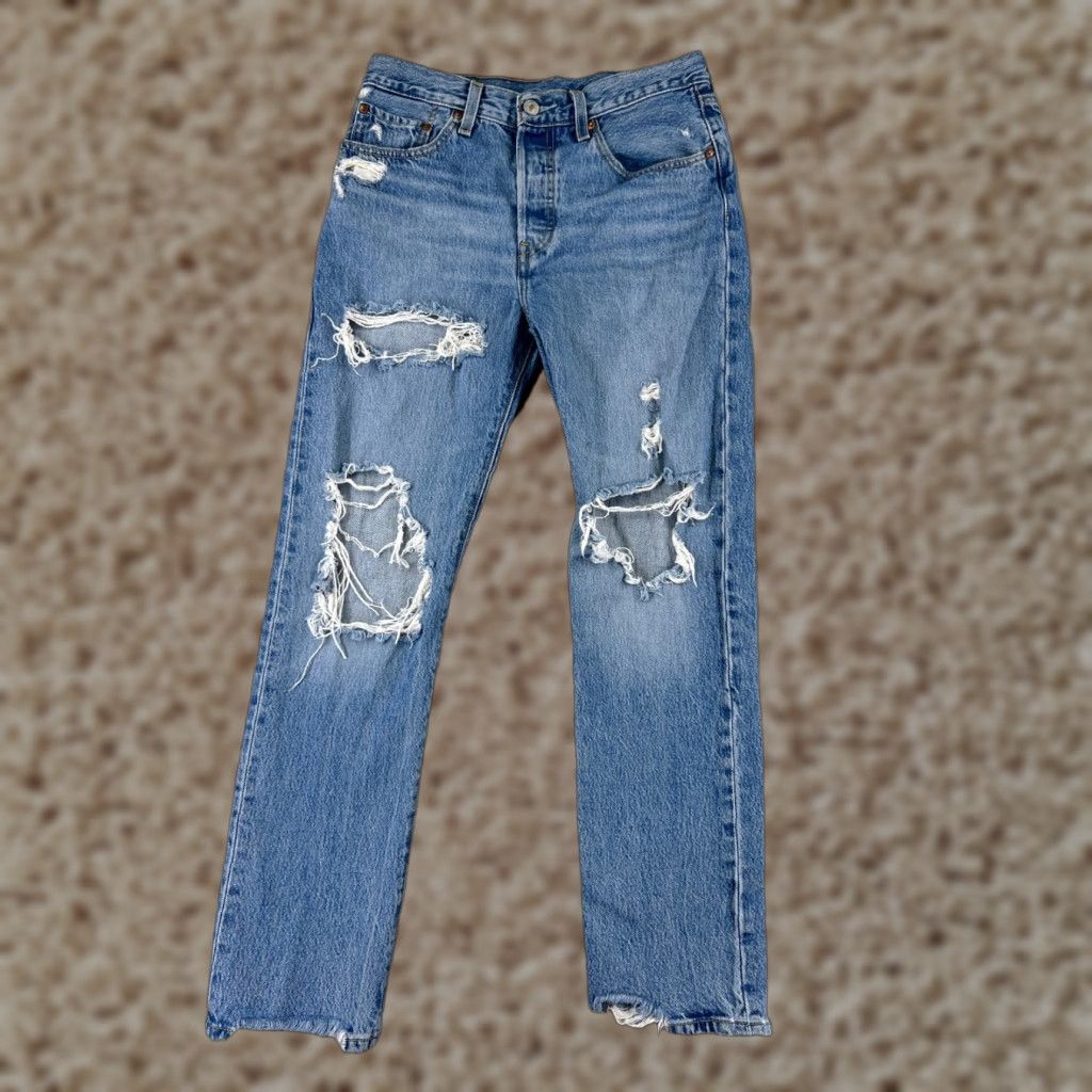 Levi's Levi's Jeans Adult 27 Blue Denim Distressed 501 Premium Button 27x28 Vintage No Size US 27 - 1 Thumbnail