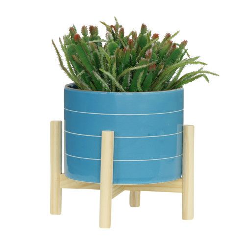 Designer × Homemade 8" STRIPED PLANTER W/ WOOD STAND, SKYBLUE Size US L / EU 52-54 / 3 - 4 Thumbnail