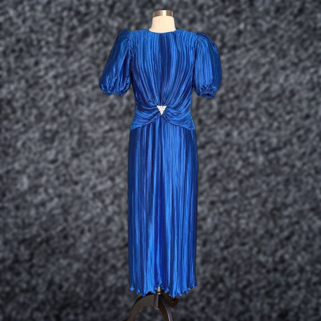 Vintage VINTAGE Nuit Pleated Cocktail Party Dress Puff Sleeves Blue Rhinestone 80s Beaded Eveningwear Size 6 Womens Size M / US 6-8 / IT 42-44 - 1 Thumbnail