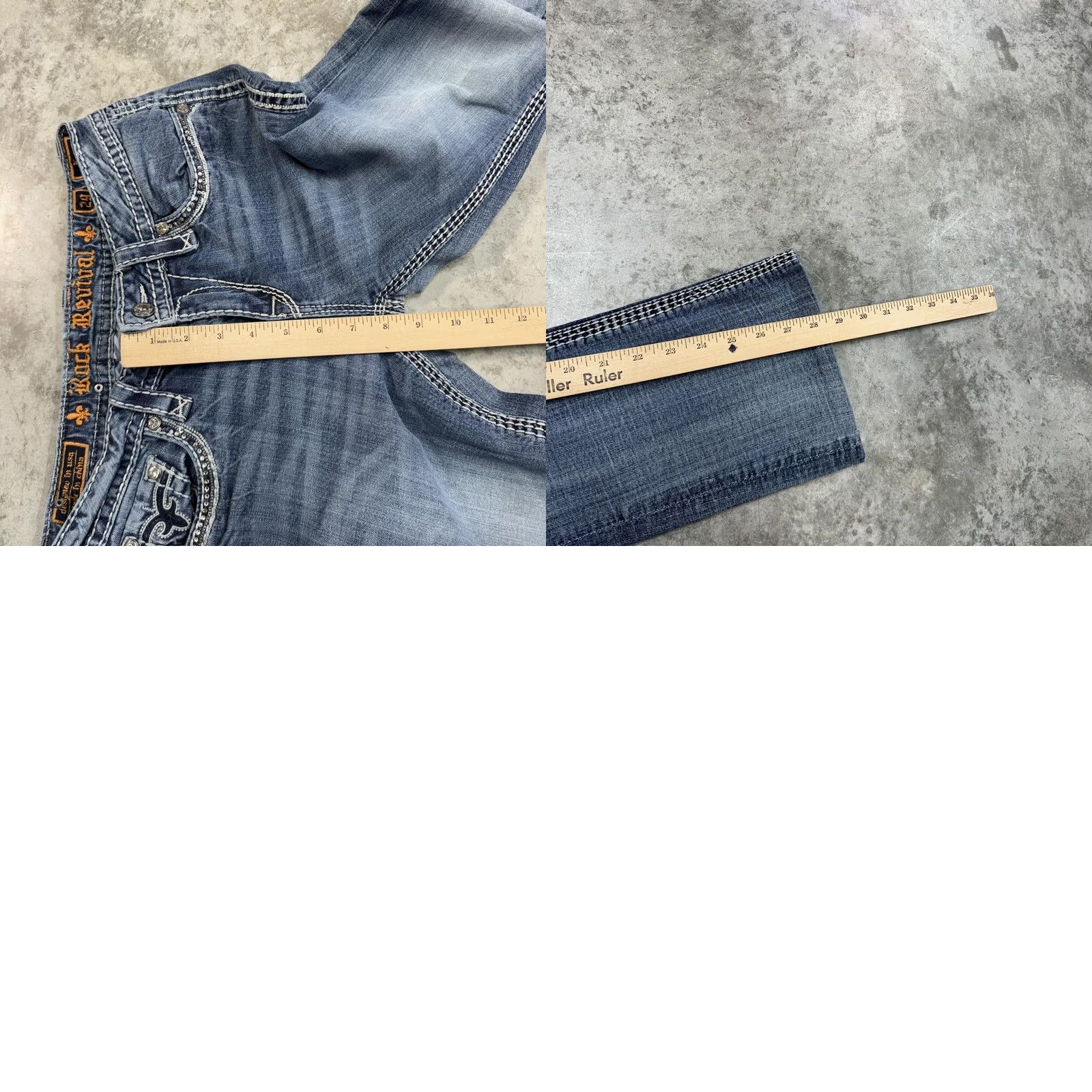 Vintage Rock Revival Jeans Women's 29 Blue Distressed Bootcut Embroidered Pockets Rhinestone Logo 90s 00s Vintage Inspired Size 29" - 8 Thumbnail