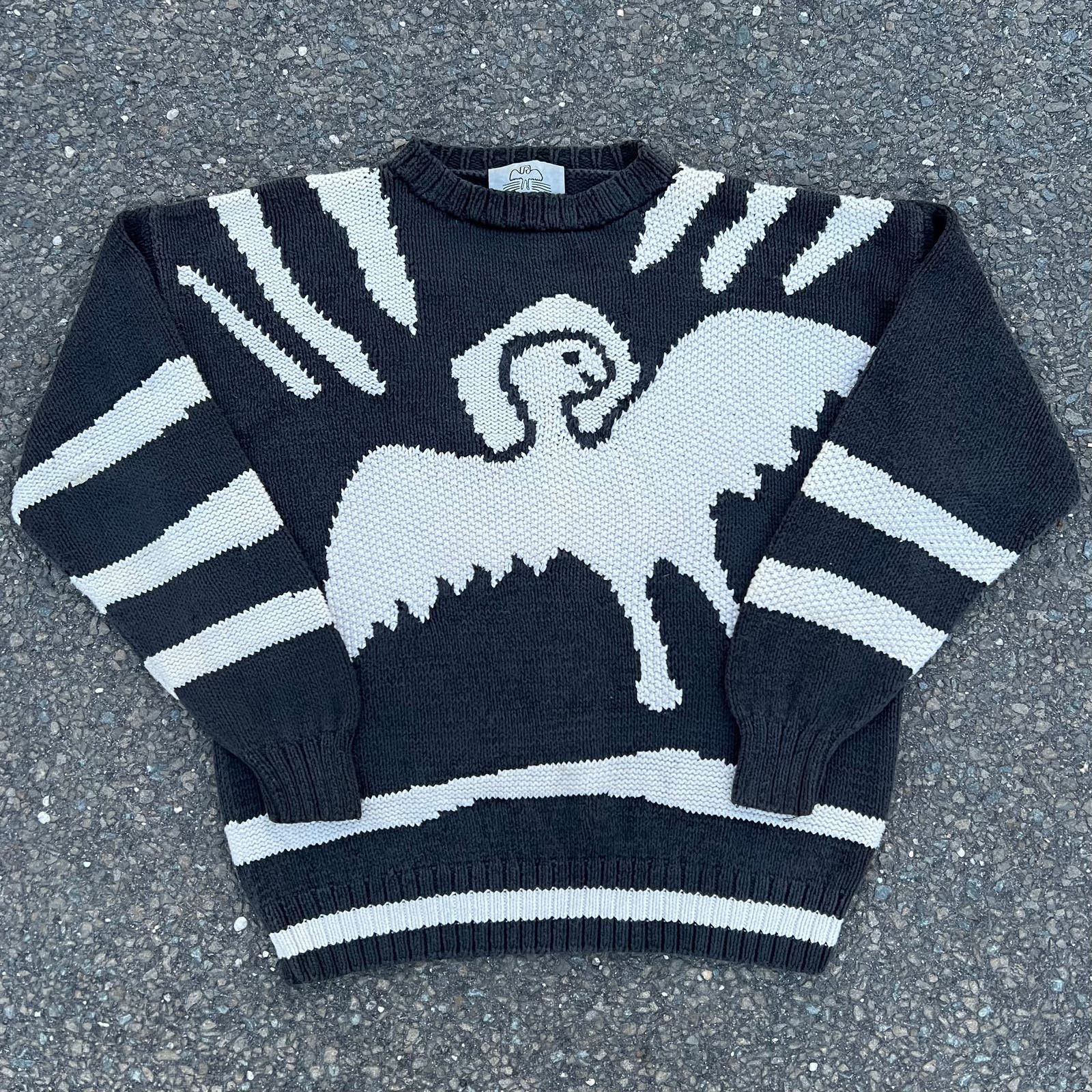 image of Vintage Y2K Knit Desert Design Bird Black Crewneck Sweater, Men's (Size XL)