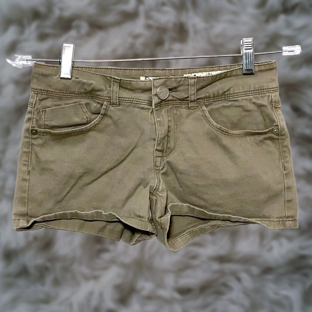 Olive Indigo Rein Forever Jean Shorts Juniors 1 Stretch Brown Olive 2" Inseam Y2K Summer Boho Womens Juniors Stretch Denim Shorts Size 26" / US 2 / IT 38 - 1 Thumbnail