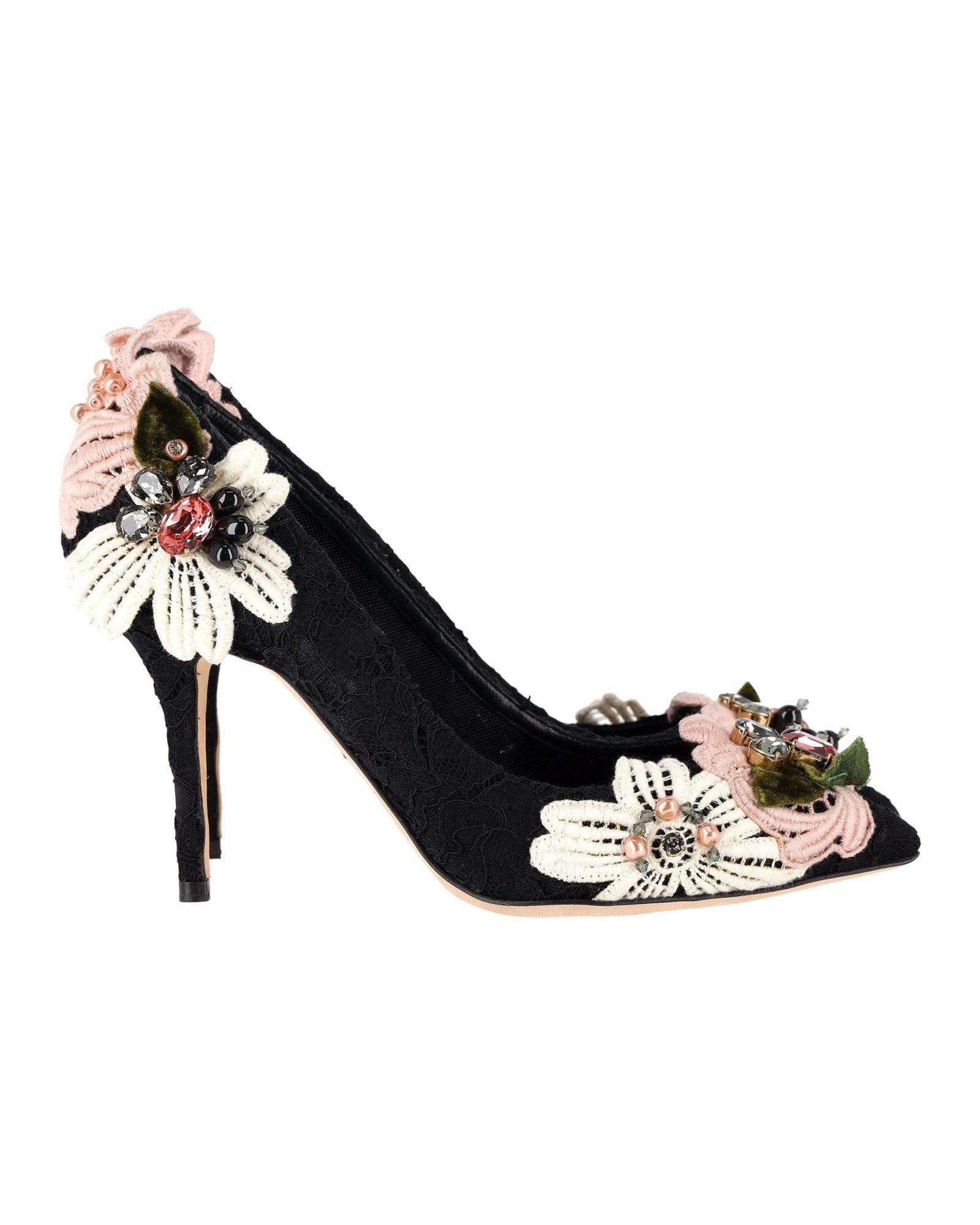 image of Dolce Gabbana Floral Embroidered Lace Pumps In Black Cotton Shoes, Women's (Size 9)