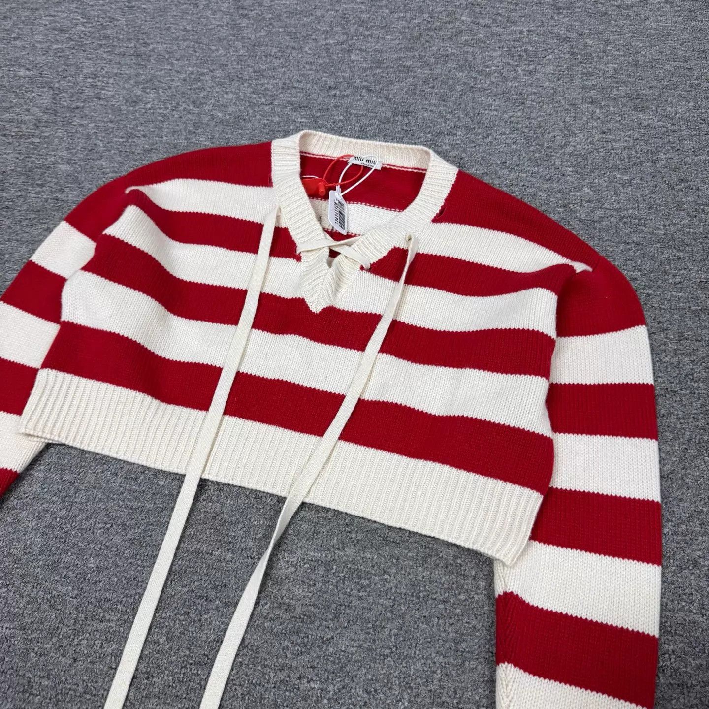 Miu Miu MIU MIU red white stripe V-neck tie-front knit 99 new Size XS / US 0-2 / IT 36-38 - 4 Thumbnail