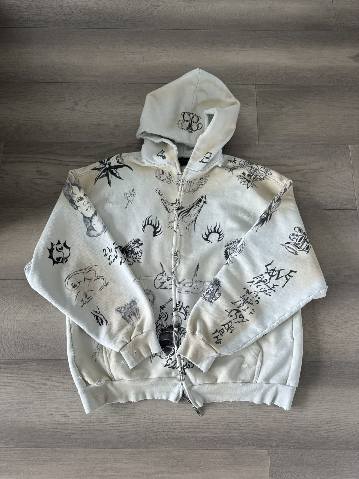 image of Balenciaga Men's Tat Zip-Up Hoodie Medium Fit In Off White in Light Tan (Size XS)