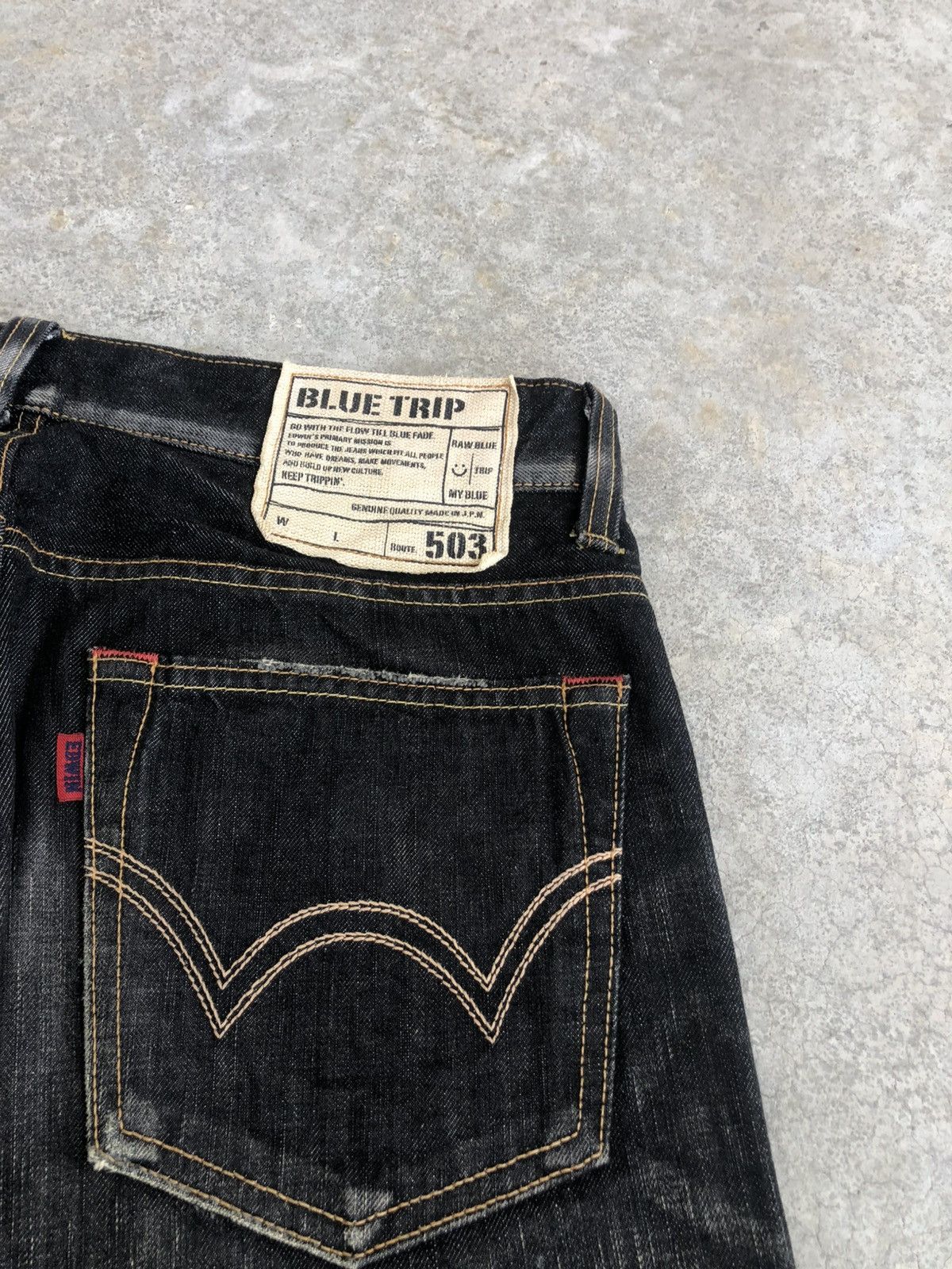 Le Grande Bleu (L.G.B.) Japanese Edwin 503 Blue Trip Distressed Jeans Size US 33 - 16 Thumbnail