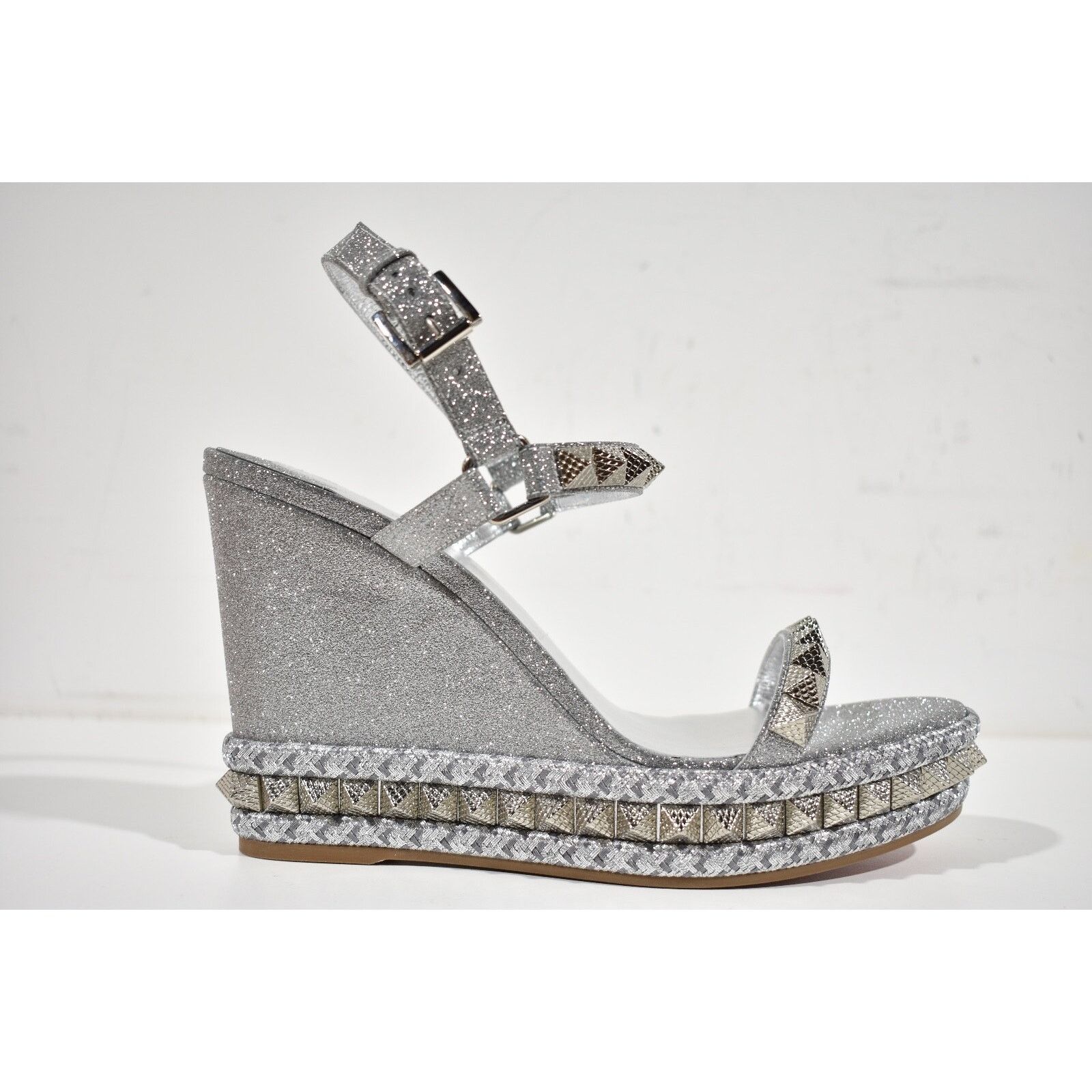 Christian Louboutin Pyraclou 110 Silver Glitter Platform Wedge Sandal Heel 38 Size US 8 / IT 38 - 2 Thumbnail