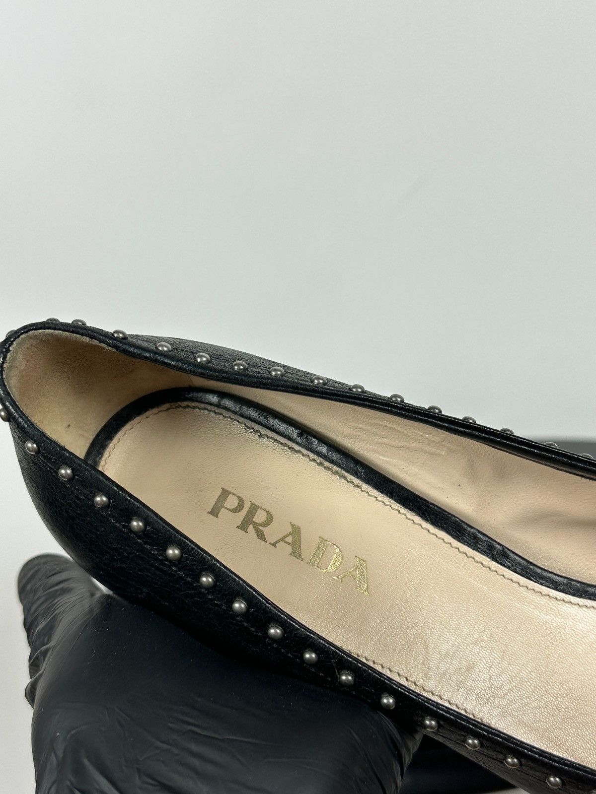 Prada Prada Black Leather Studded Bow Kitten Heels Pumps Size US 9 / IT 39 - 22 Thumbnail