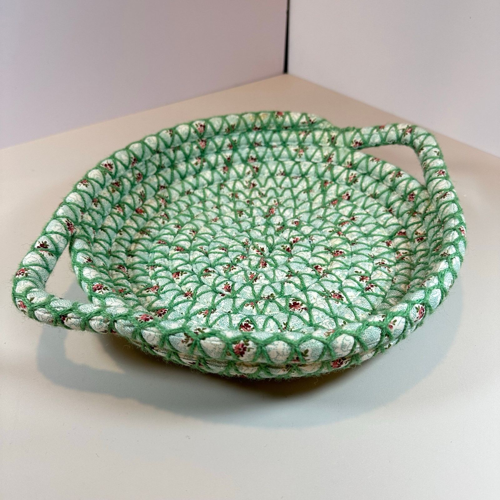 Other Woven Coiled Fabric Bread Bun Basket Handles Green Floral Size ONE SIZE - 9 Thumbnail