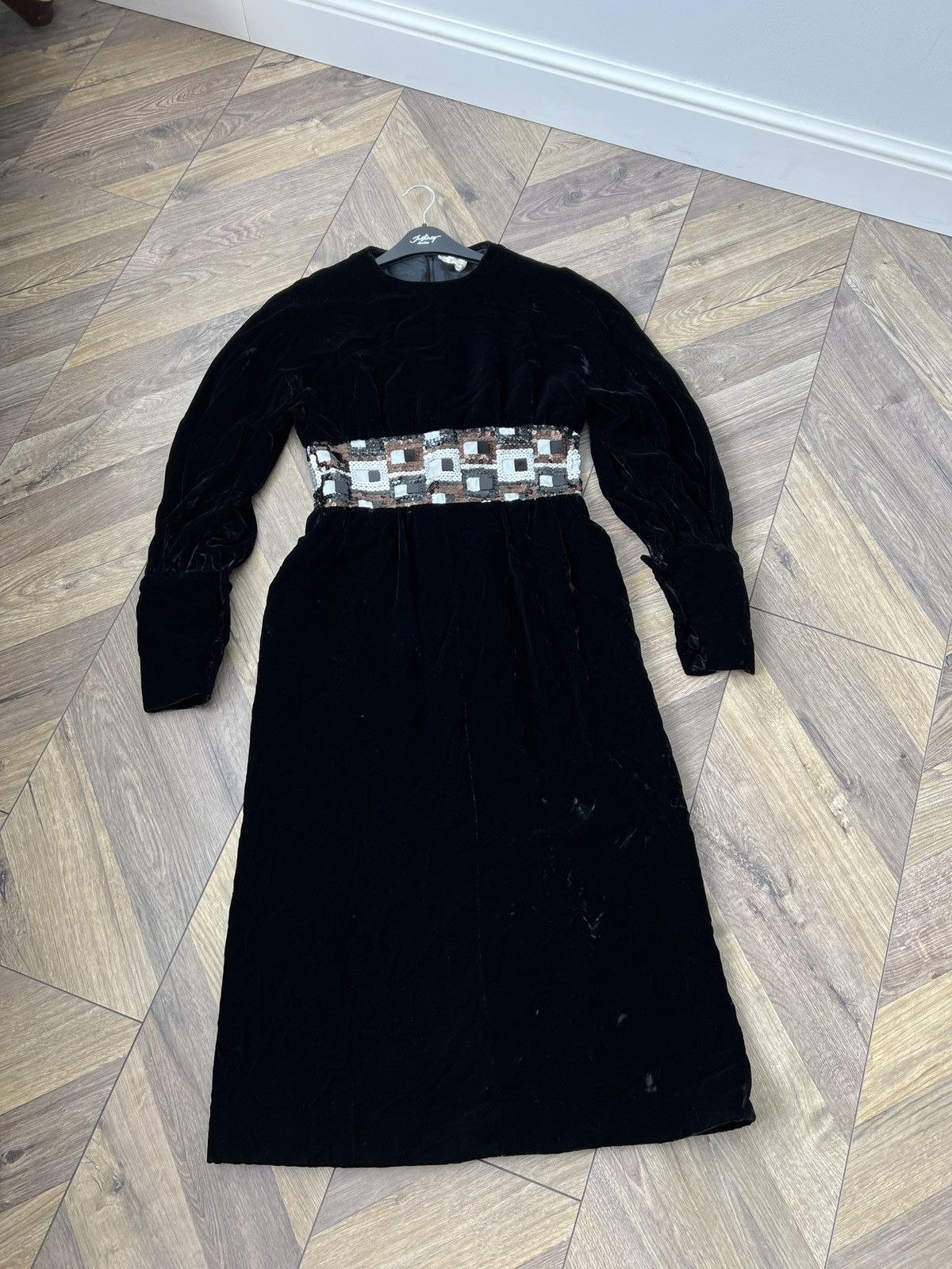 Designer Grieder Vintage Black Velvet Dress Long Sleeve Beaded Waist Size XS / US 0-2 / IT 36-38 - 2 Thumbnail