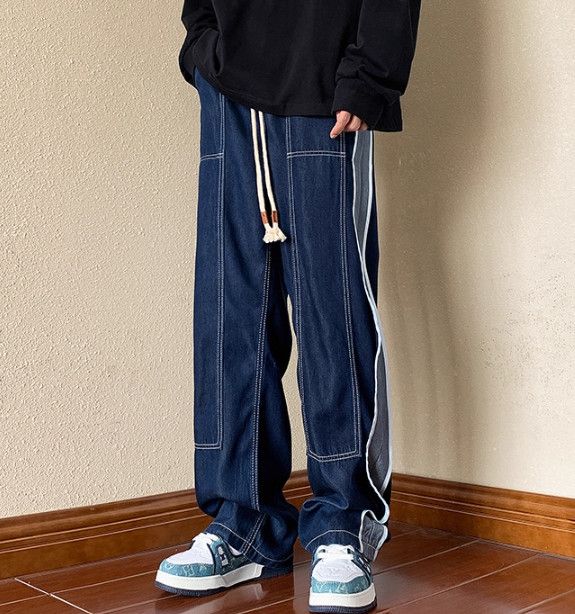 Japanese Brand Men's street stitching washed loose straight washed jeans Size US 32 / EU 48 - 2 Thumbnail