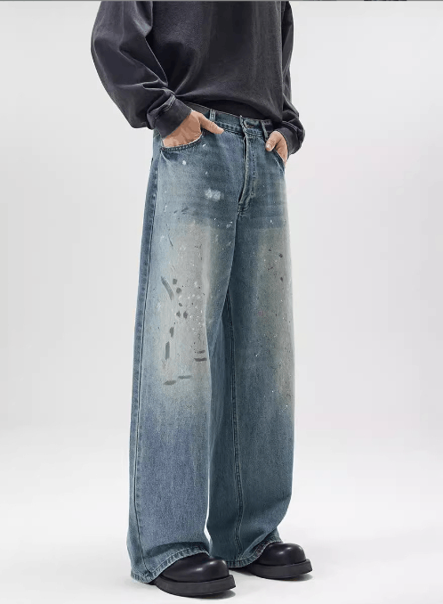 Japanese Brand × Jean Ink splash trend loose straight ice blue jeans for men Size US 32 / EU 48 - 4 Thumbnail