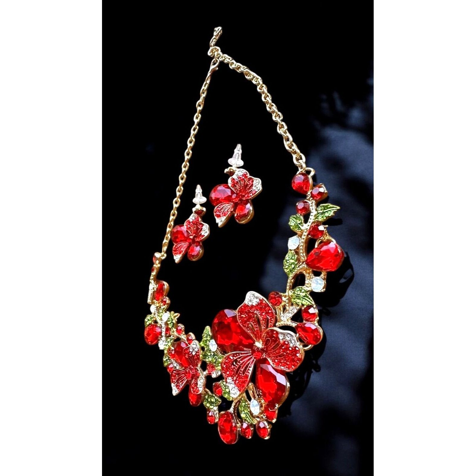 Handmade Red Floral Crystal Necklace Earrings Set New Christmas Jewel Size ONE SIZE - 7 Thumbnail