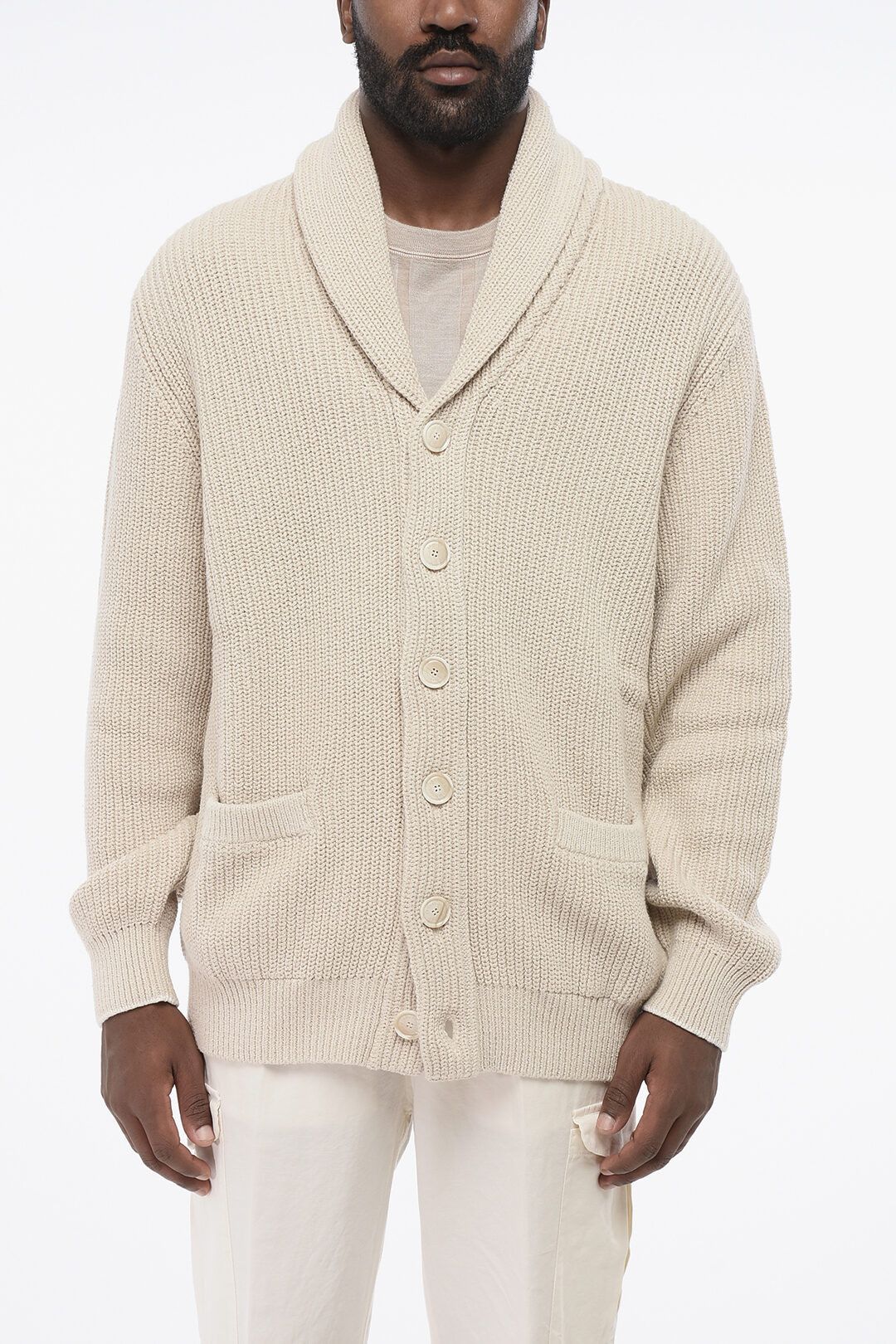 Brunello Cucinelli og1mm0725 Shawl Neck Pure Cotton Cardigan in Beige Size US XL / EU 56 / 4 - 1 Thumbnail