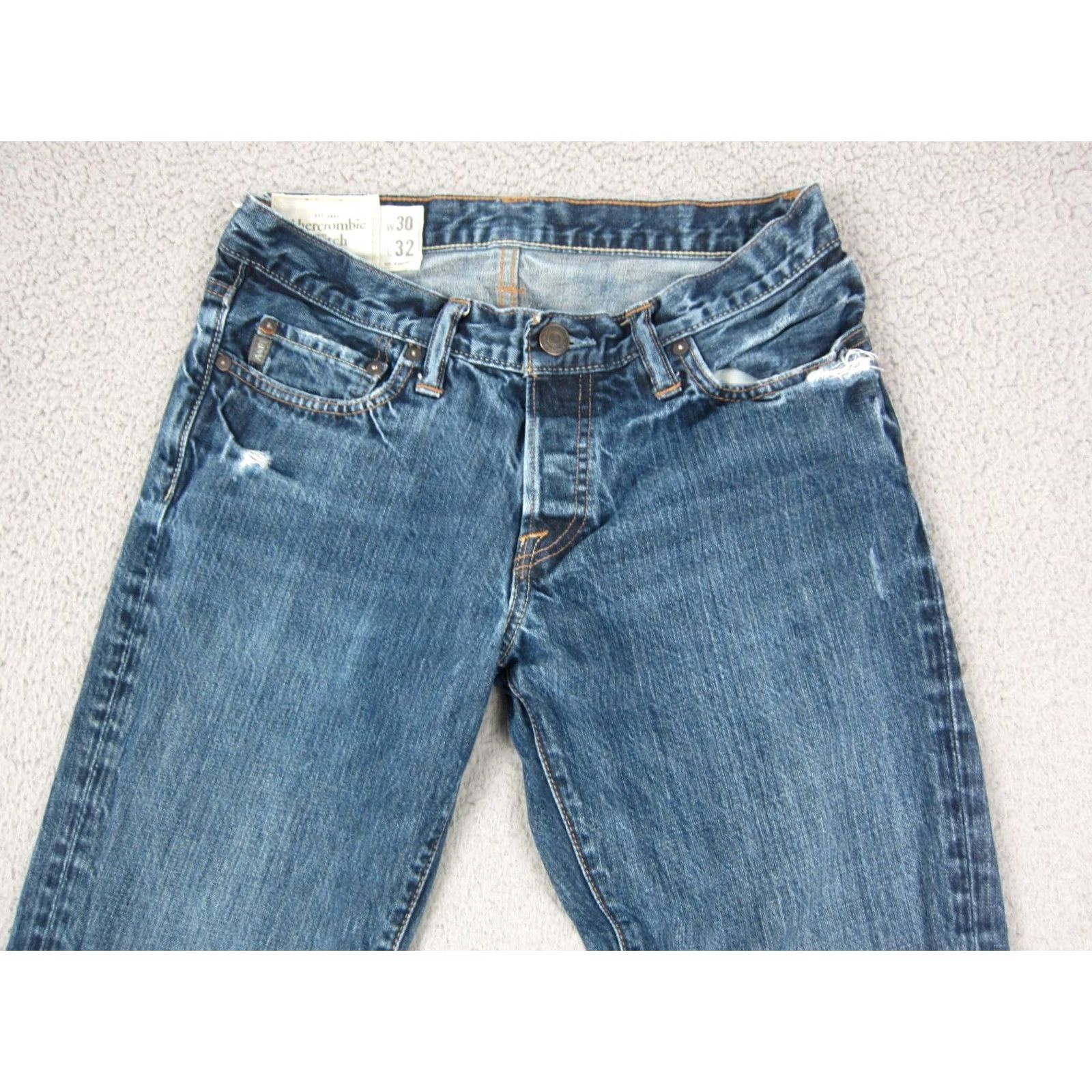 Abercrombie & Fitch Abercrombie Jeans Mens Slim Straight Blue Denim Button Fly 30x32 5-Pocket Distress Vintage No Size US 30 / EU 46 - 4 Thumbnail