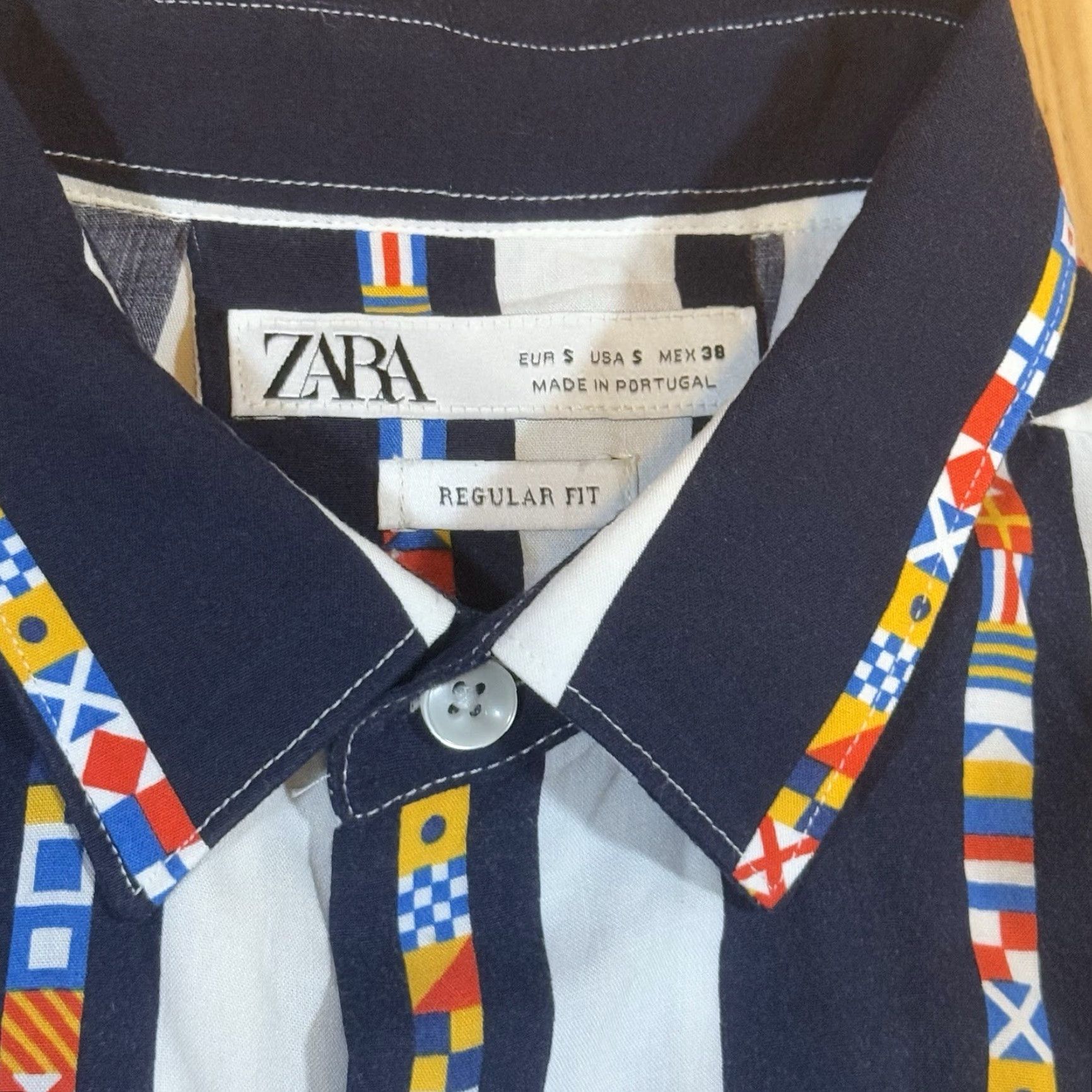 Zara Zara Button Shirt Mens Small Regular Fit Striped Blue White Flag Print Shirt Size US S / EU 44-46 / 1 - 3 Thumbnail