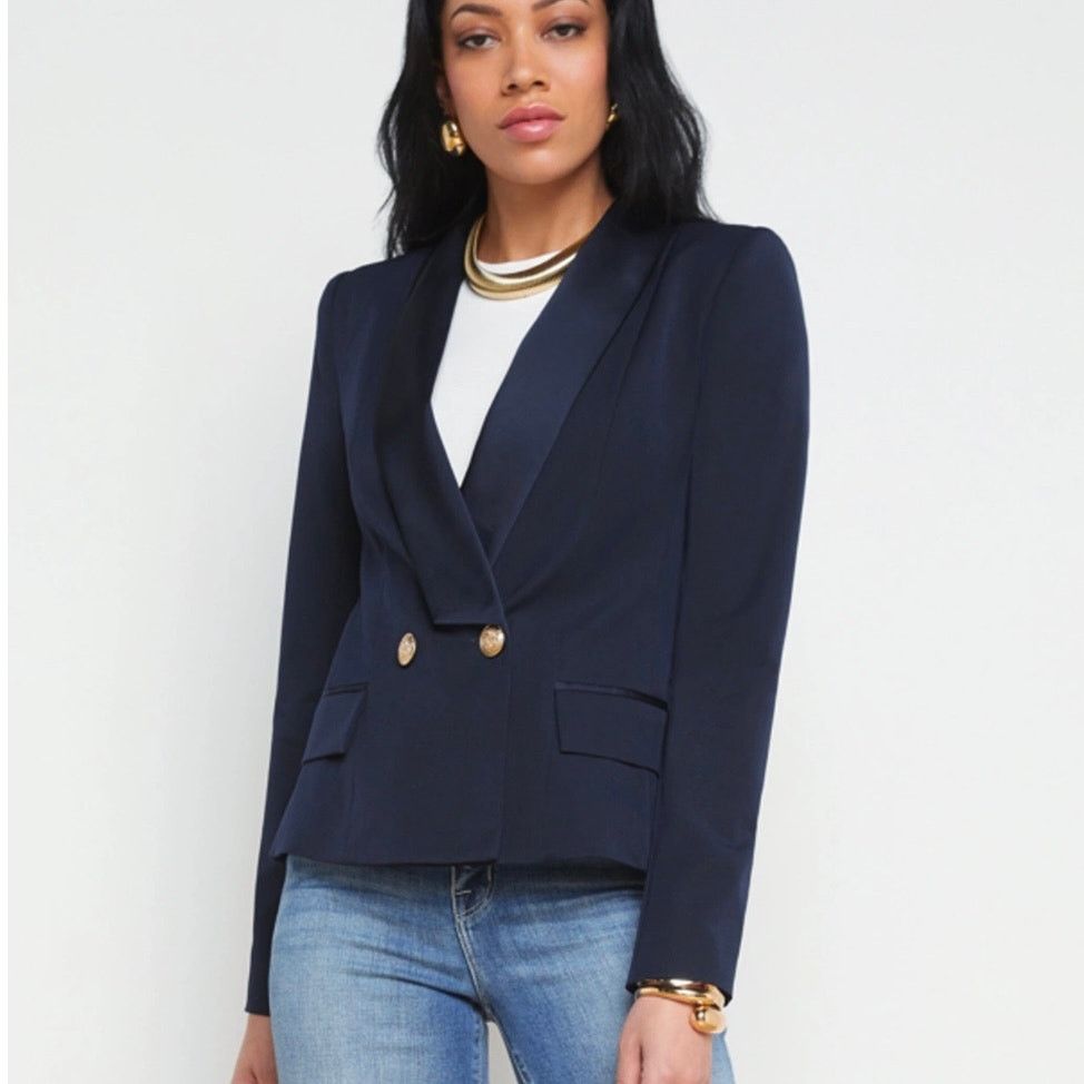 L’AGENCE Imogen Satin Lapel Blazer Midnight Blue NWT Size 2