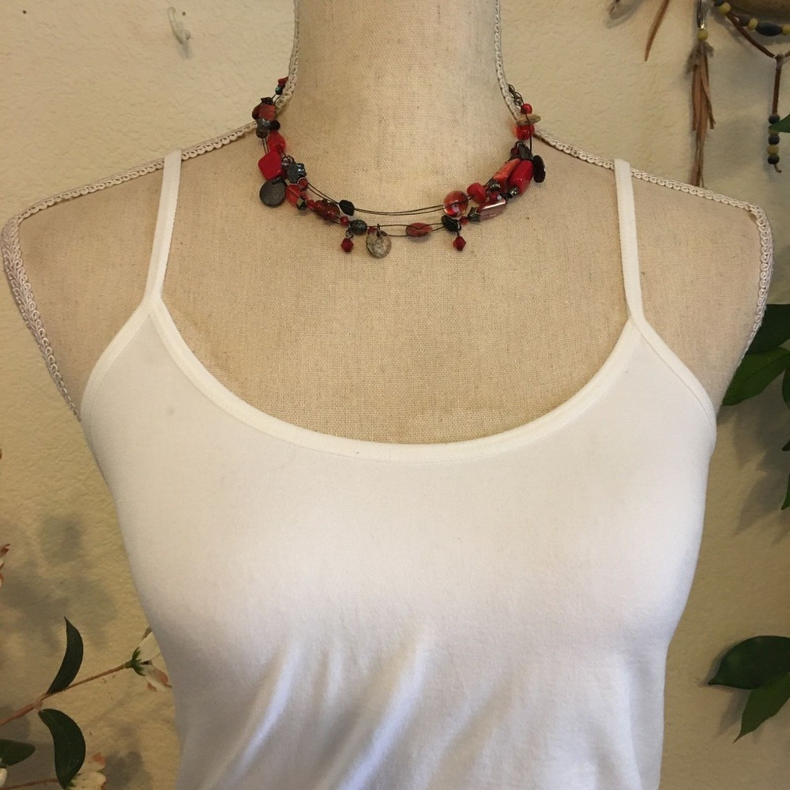Jewelry Red tones mixed material beaded fish line necklace Size ONE SIZE - 3 Thumbnail