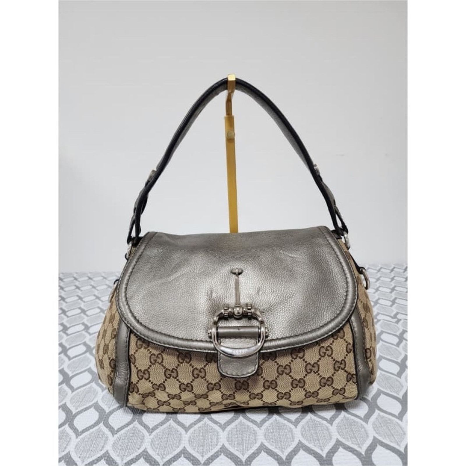 Gucci Gucci Medium GG Canvas Techno Horsebit Flap Hobo Bag Grey/Be Size ONE SIZE - 1 Thumbnail