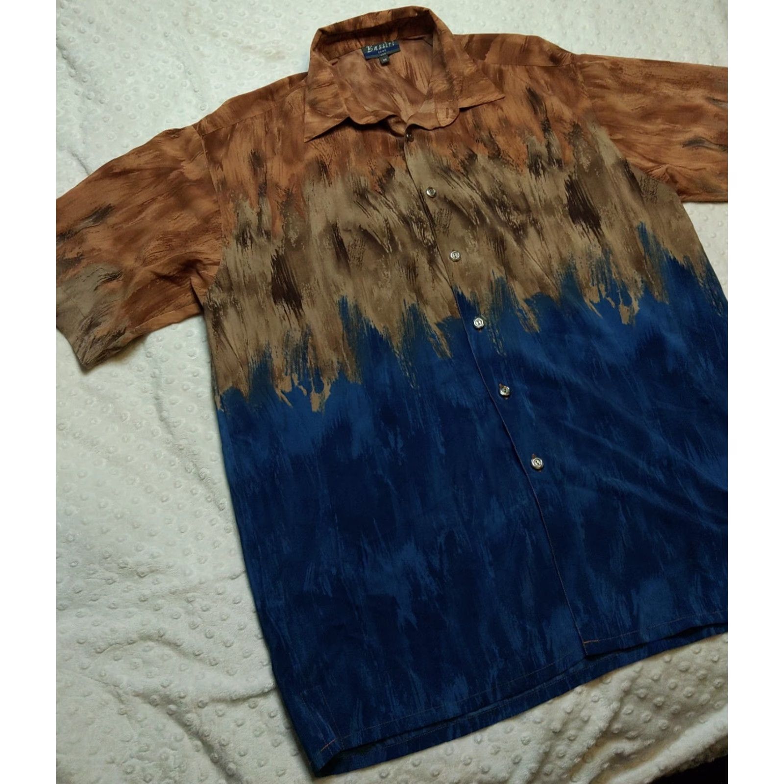 Vintage VINTAGE Bassiri Uomo Shirt Geometric Button-Up Men M Blue Brown Polyester Microfiber Casual, Business, Travel, Party/Cocktail, All Seasons Mens Size US M / EU 48-50 / 2 - 3 Thumbnail