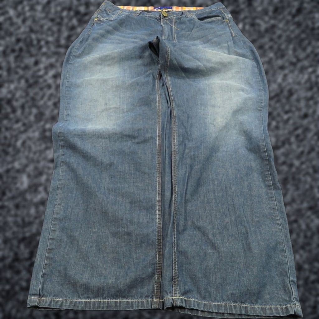 VINTAGE Baggy Jeans Men Y2K Embroidered 38 Wide-Leg Opening Skater Grunge Pipes Lifted Denim 5-Pocket Design Blue Cotton LRG Brand Jeans Mens