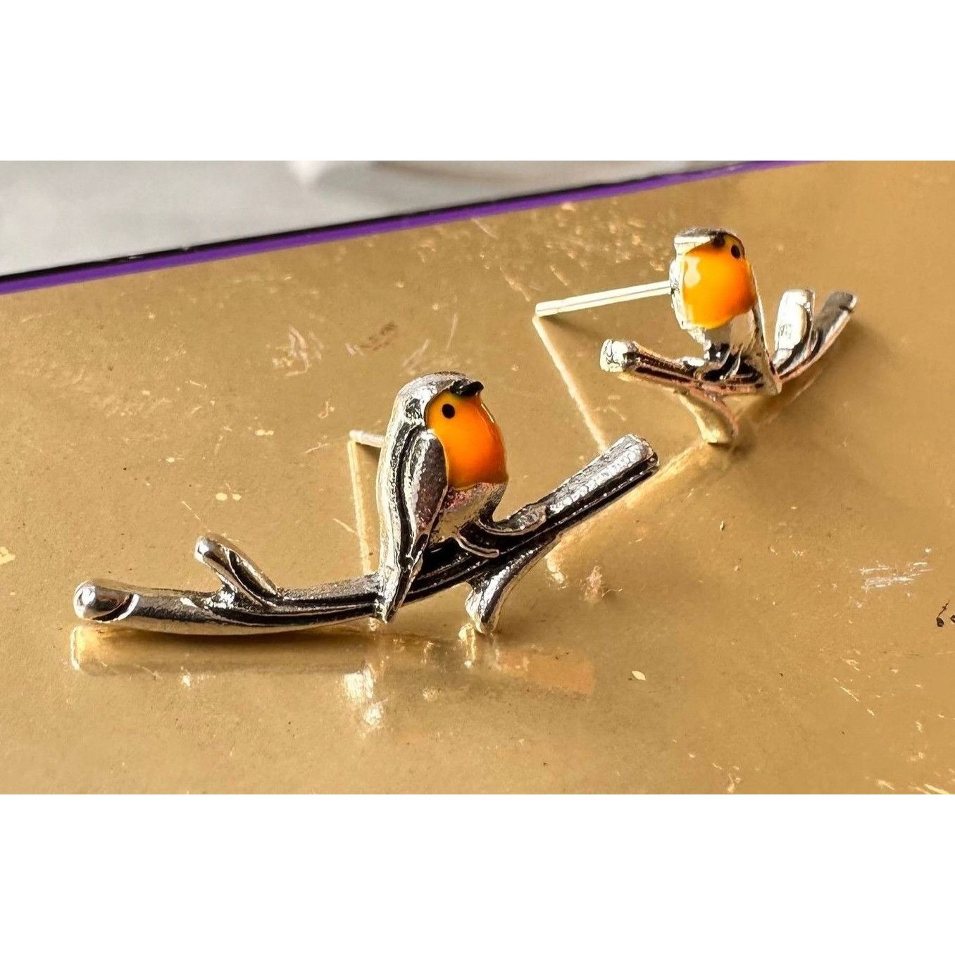 Handmade Robin Bird Earrings Ear Climbers New Orange Silver Tree Bran Size ONE SIZE - 11 Thumbnail