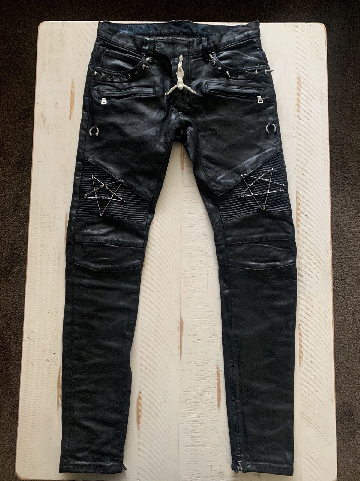 Balmain Balmain Like Biker Jeans Waxed Pierced Spiked Fashion Punk Size US 30 / EU 46 - 2 Thumbnail