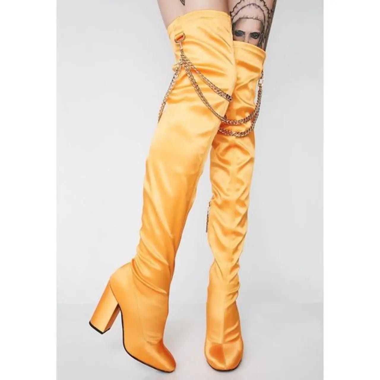 Poster Girl Poster Girl Orange Satin Gold Chain Over the Knee Sock Boots Size US 7 / IT 37 - 3 Thumbnail