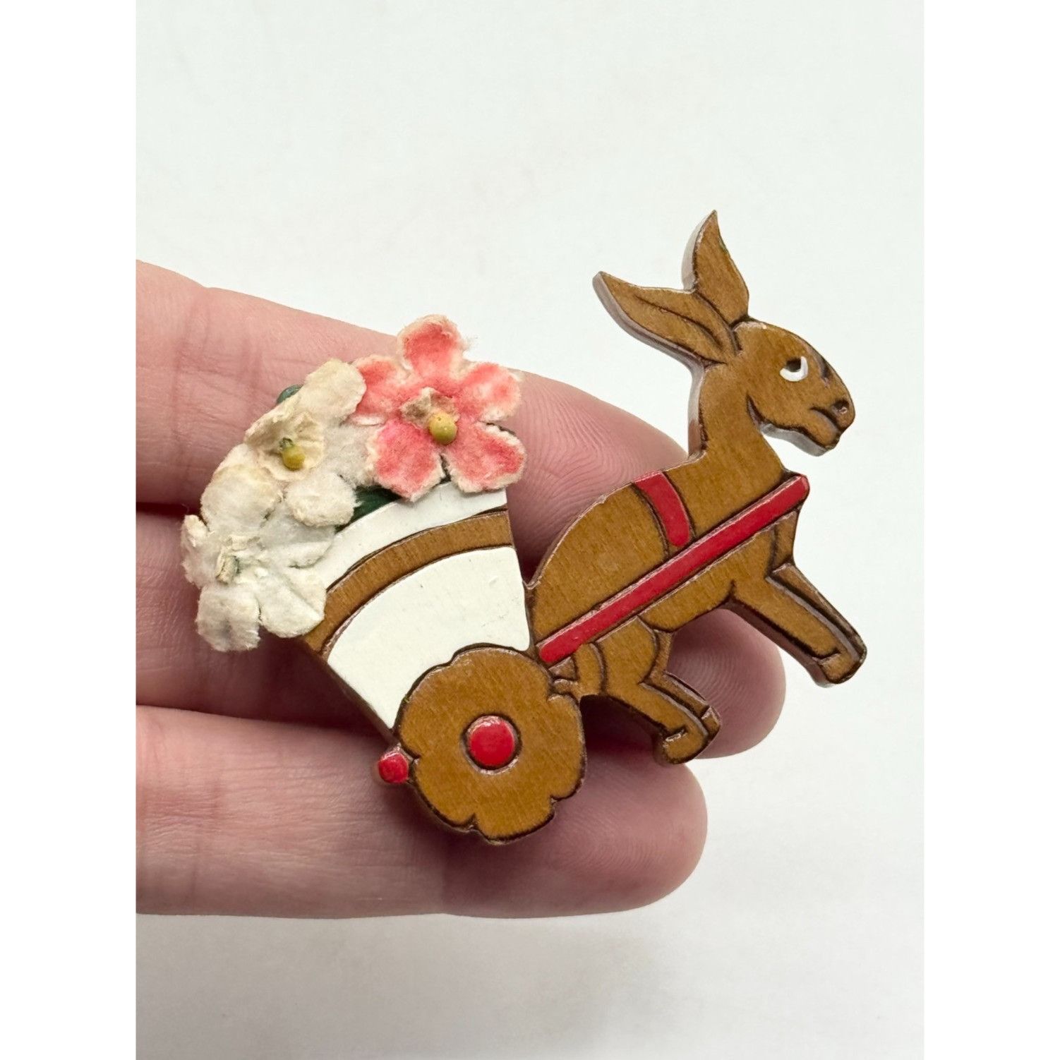 Vintage Estate vintage wooden donkey wagon flower brooch pin Size ONE SIZE - 3 Thumbnail
