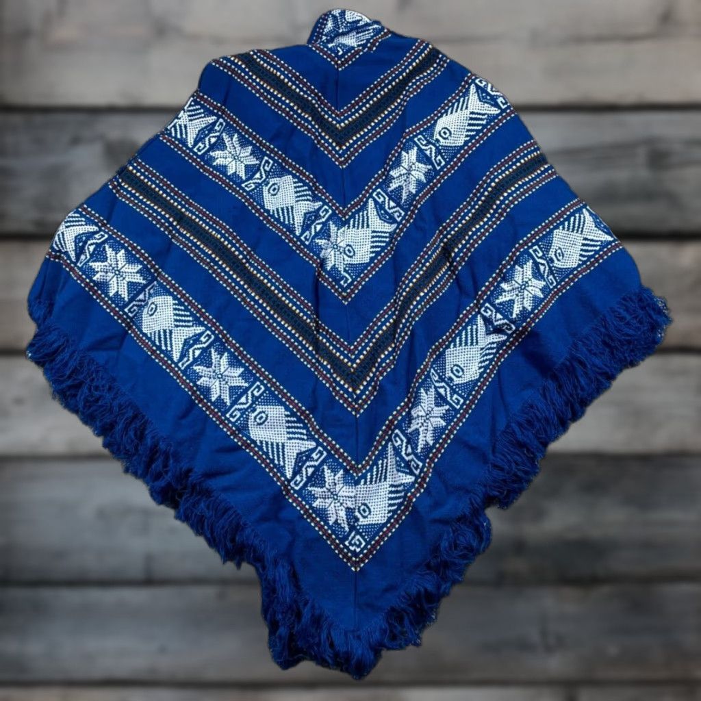 Vintage VINTAGE Handmade Poncho Women's One Size Blue Fringe Southwestern Cotton Ecuador Framework Size ONE SIZE - 1 Thumbnail