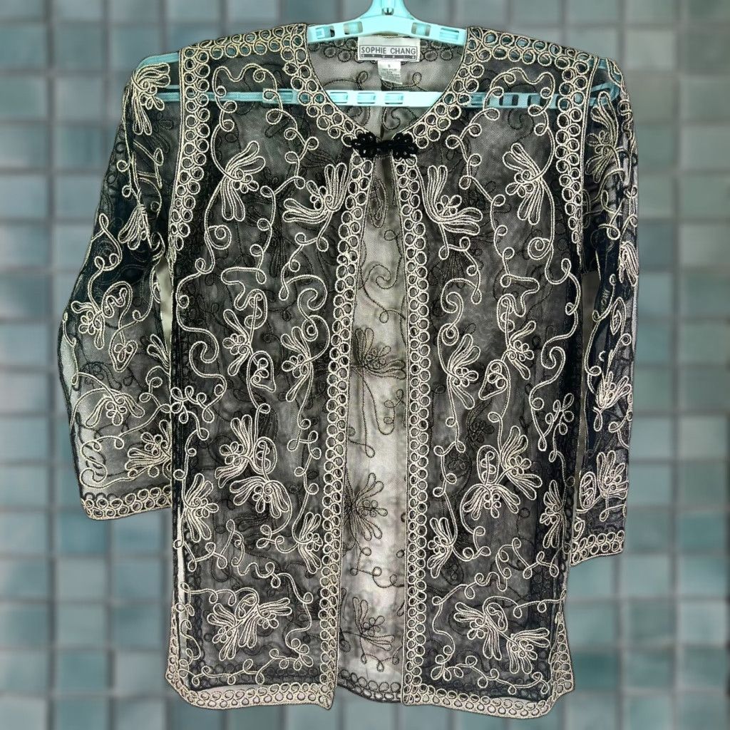 Vintage Sophie Chang Studio Blouse Womens S Gold Sheer Embroidered Floral Brocade Designer Formal Party Size S / US 4 / IT 40 - 1 Thumbnail